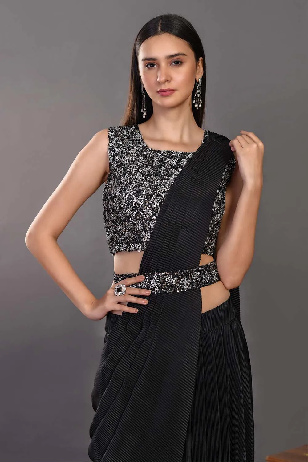 90Z959-RO Gorgeous Black Pre Stiched Saree With Designer Blouse