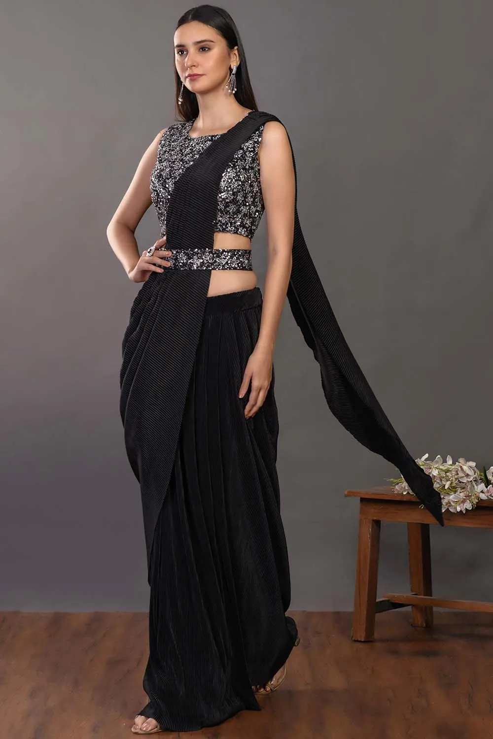 90Z959-RO Gorgeous Black Pre Stiched Saree With Designer Blouse