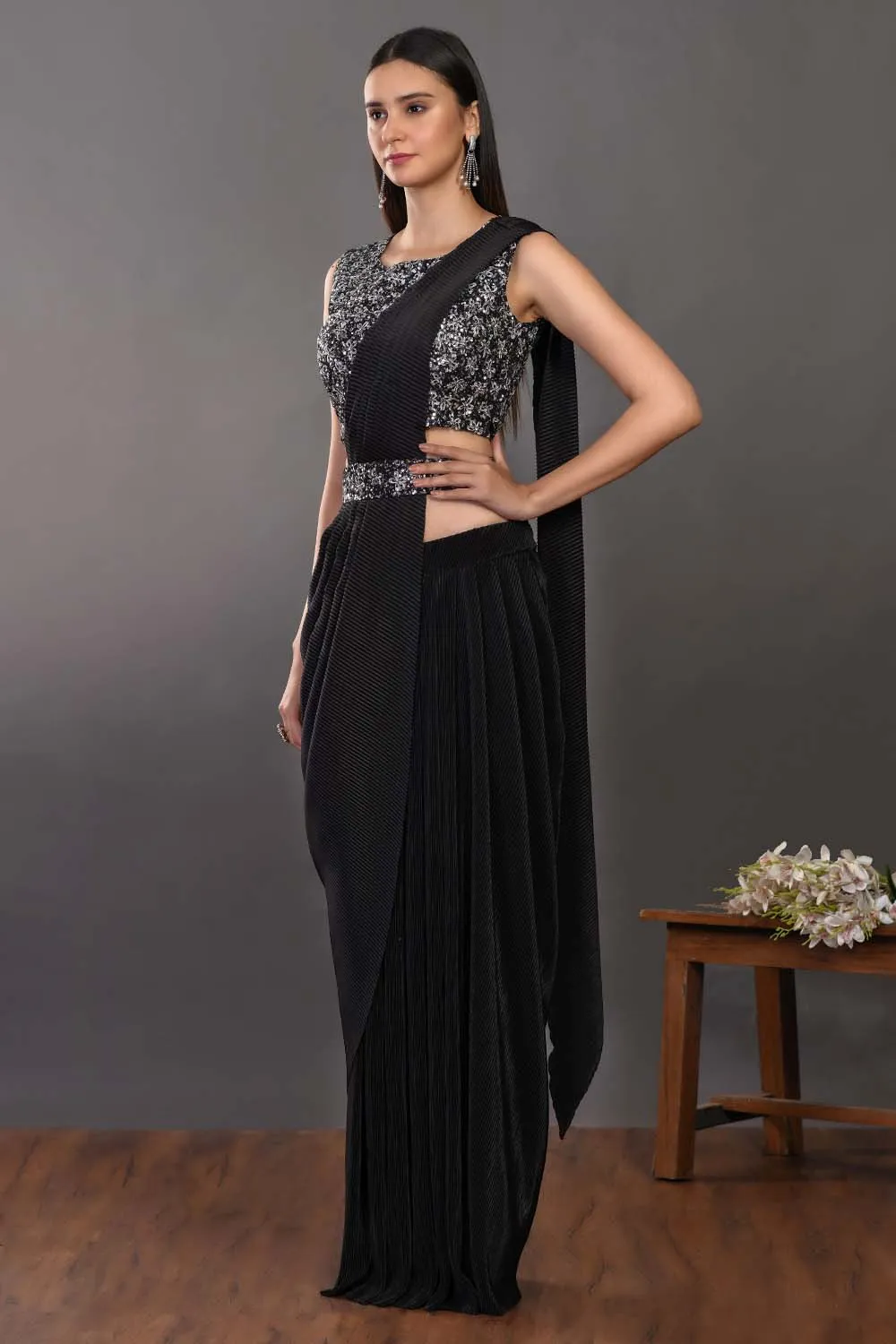 90Z959-RO Gorgeous Black Pre Stiched Saree With Designer Blouse