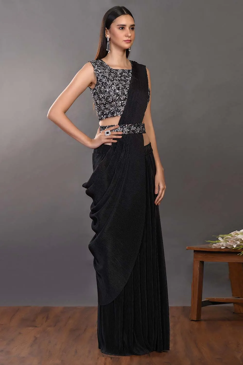 90Z959-RO Gorgeous Black Pre Stiched Saree With Designer Blouse