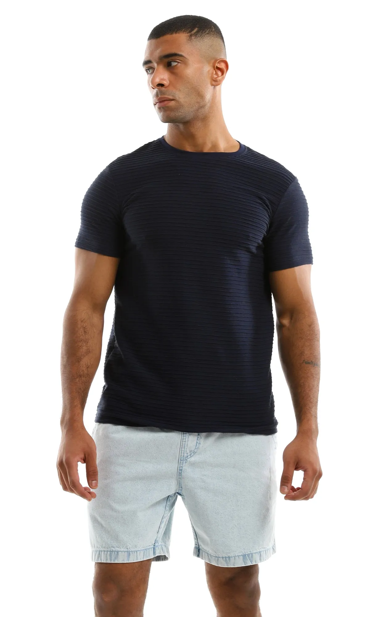 97934 Self Striped Plain Navy Blue Tee