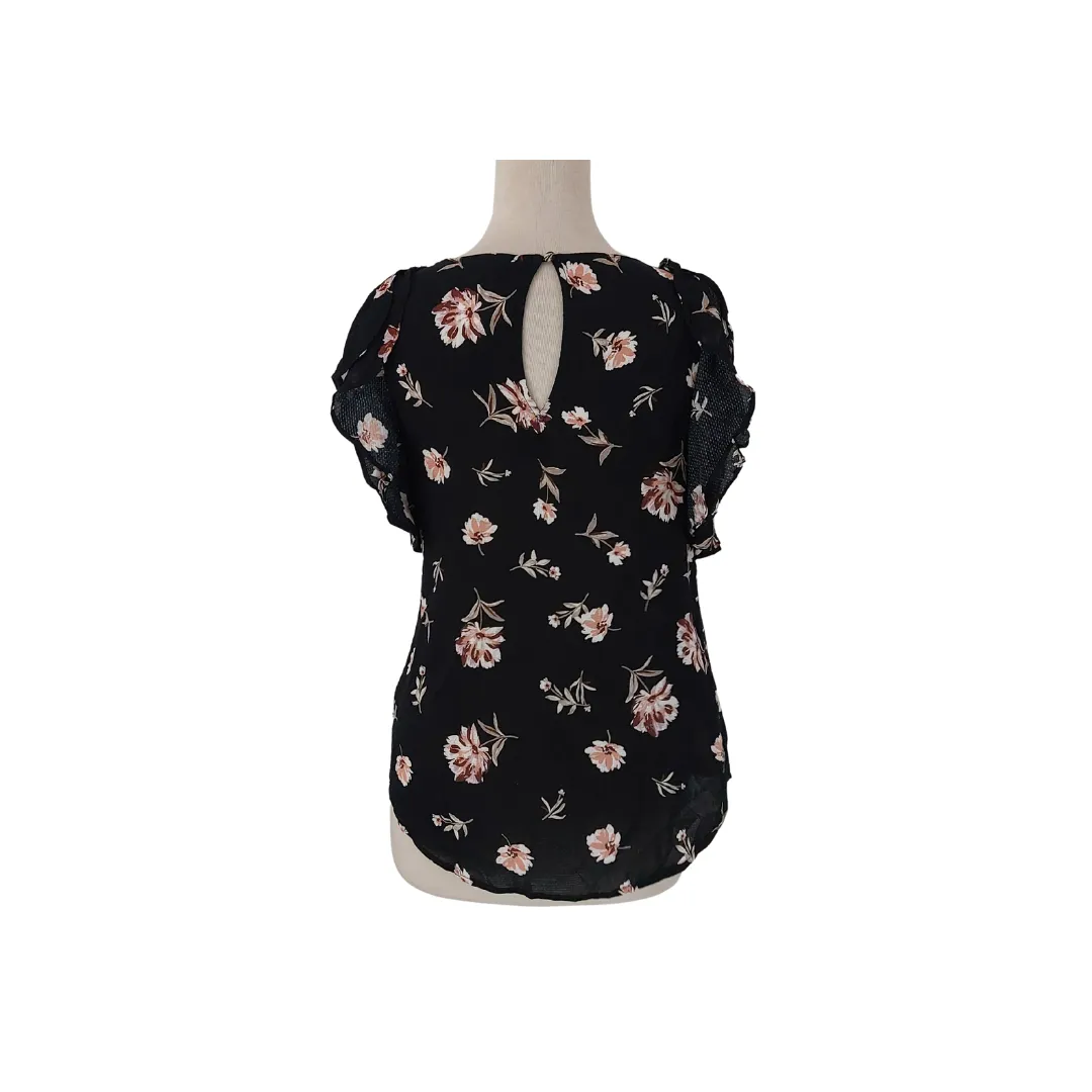 a. new day Black Floral Printed Frill Sleeves Blouse | Gently Used |