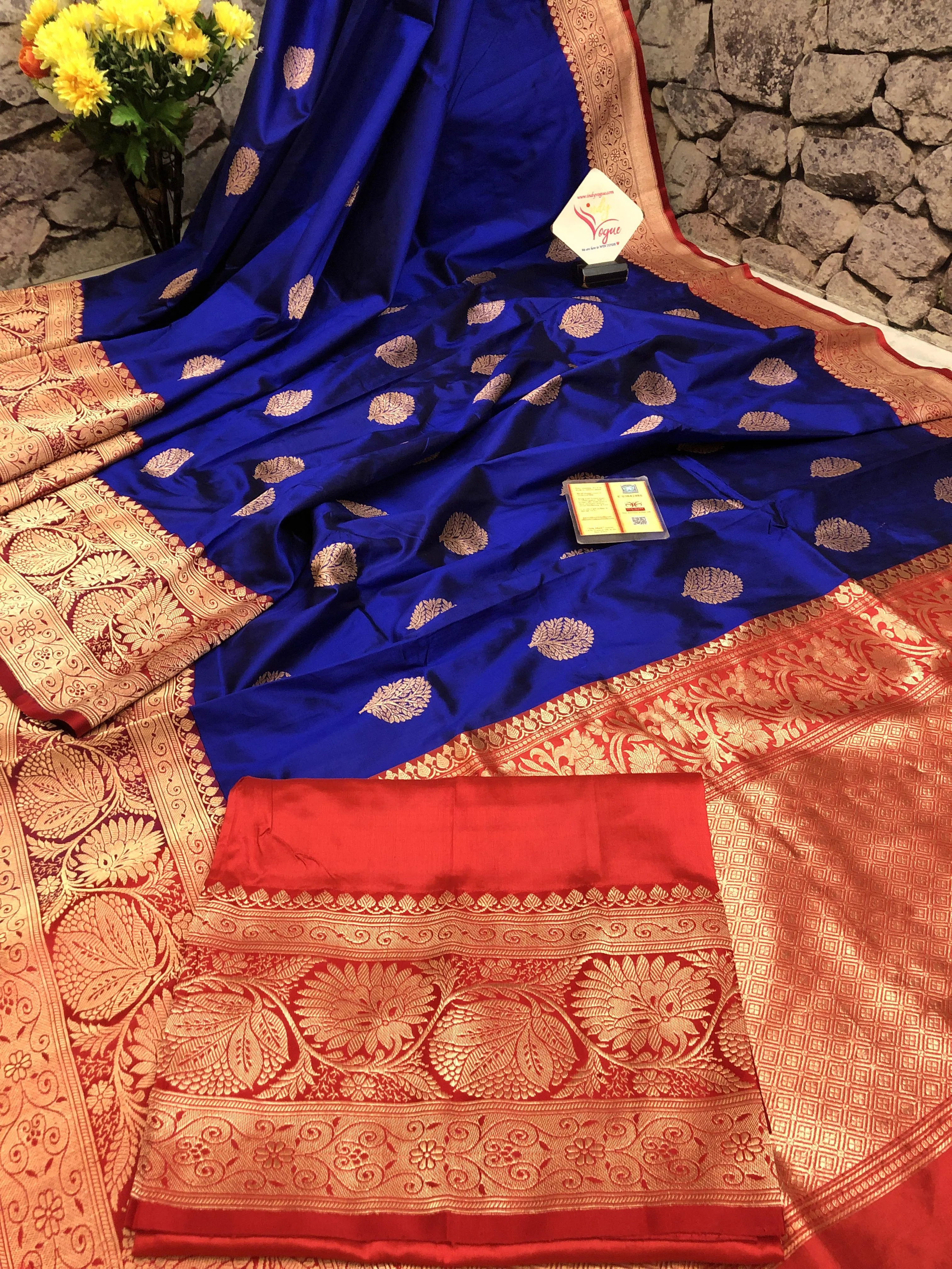 Admiral Blue and Red Color Pure Katan Banarasi Saree