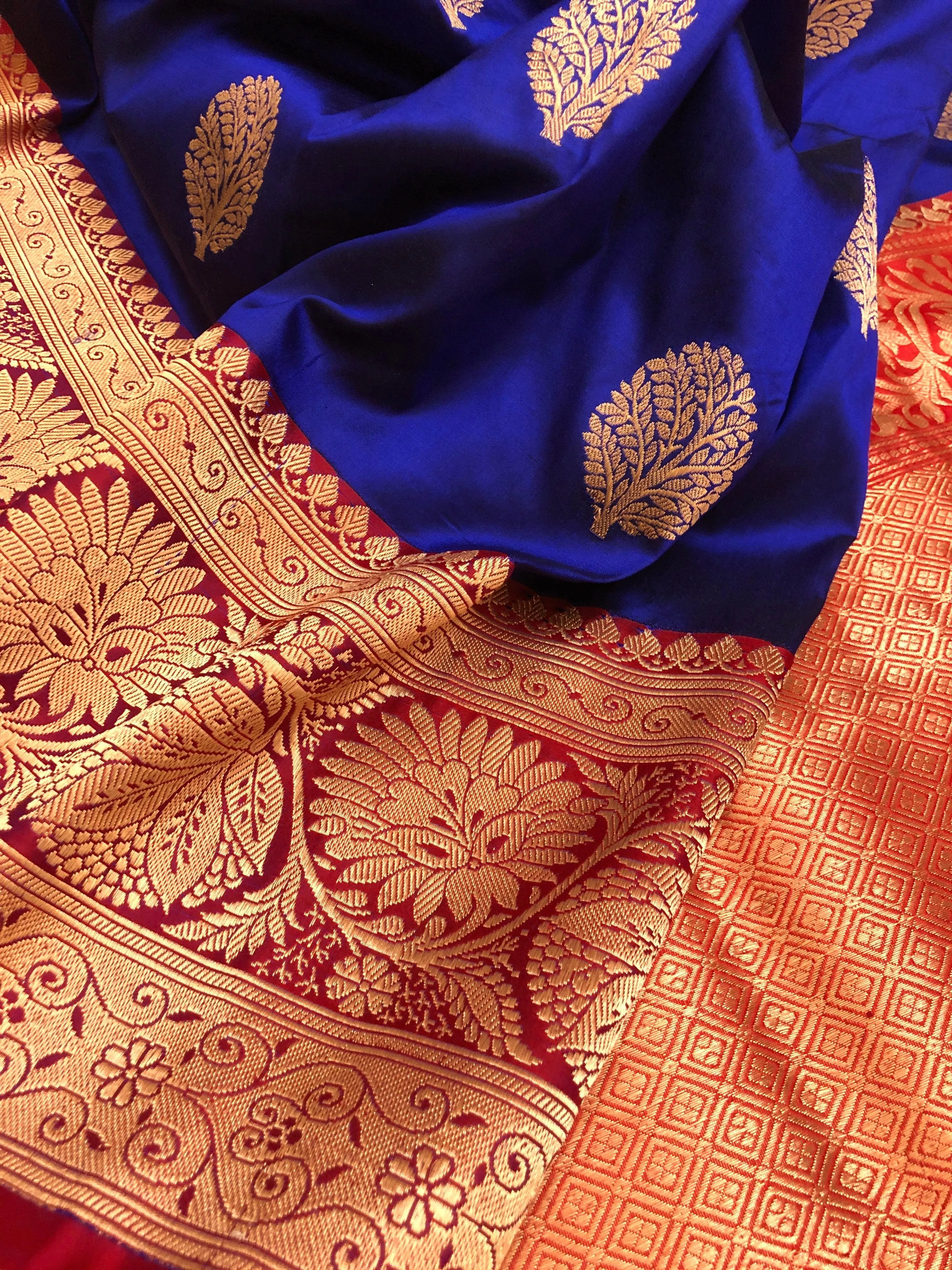 Admiral Blue and Red Color Pure Katan Banarasi Saree