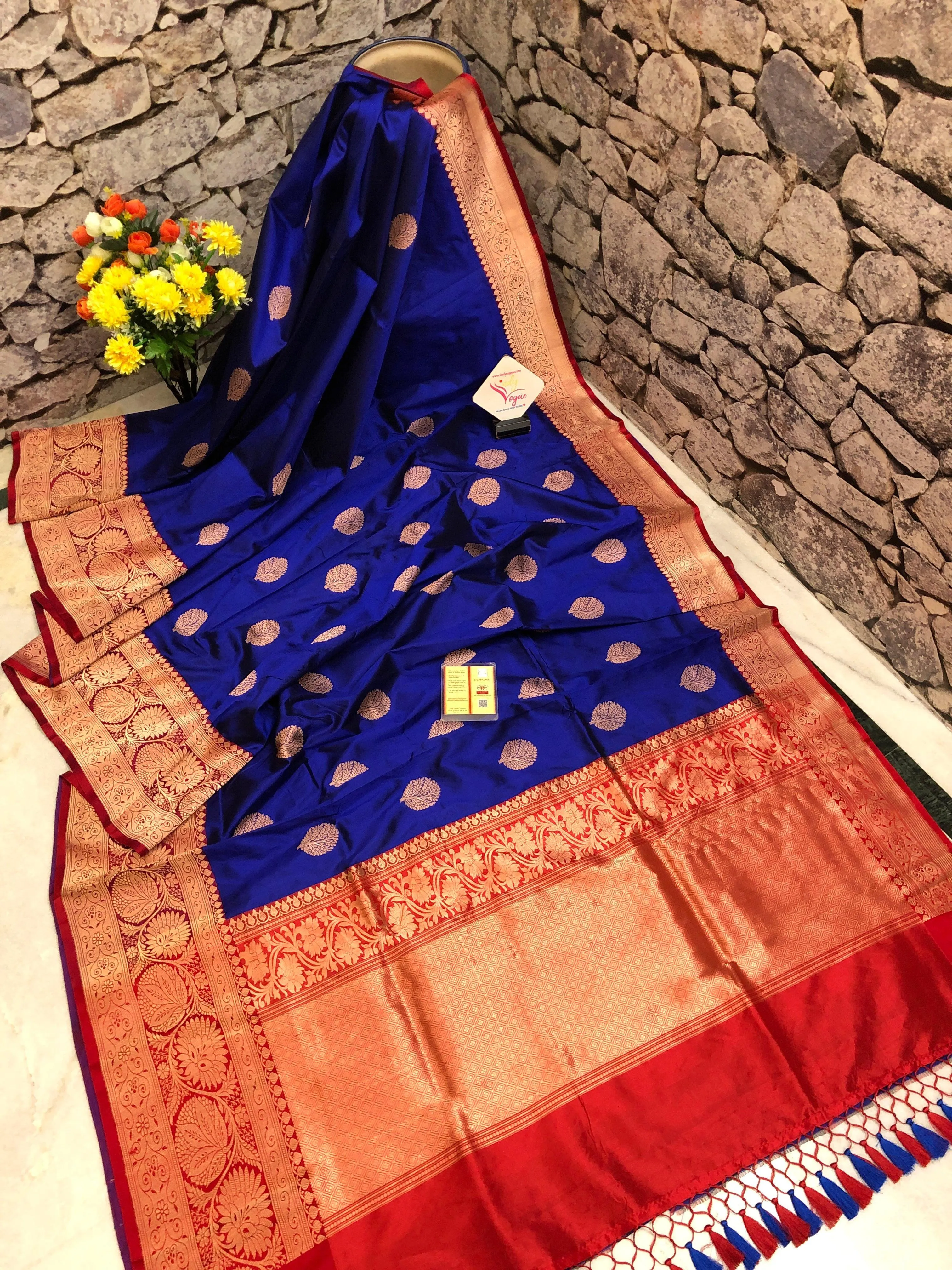 Admiral Blue and Red Color Pure Katan Banarasi Saree