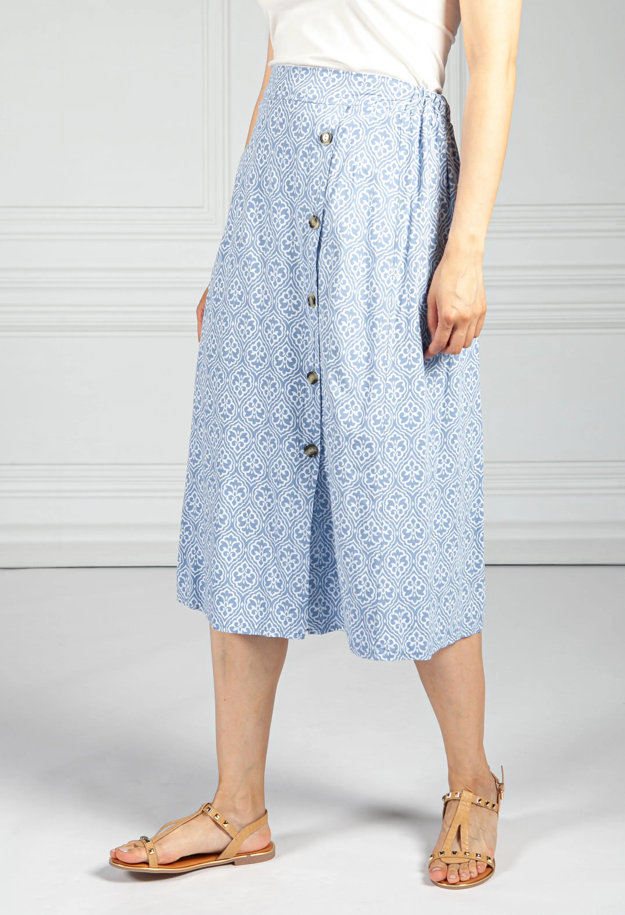 Afternoon Sky Button Through Vintage Print Skirt