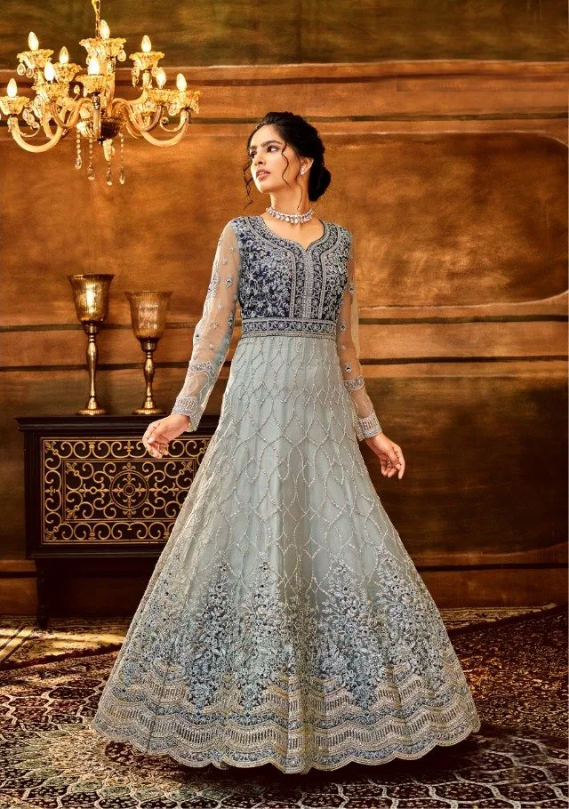 Beautifully designed Sky-Blue colored heavy Anarkali Set - Rent