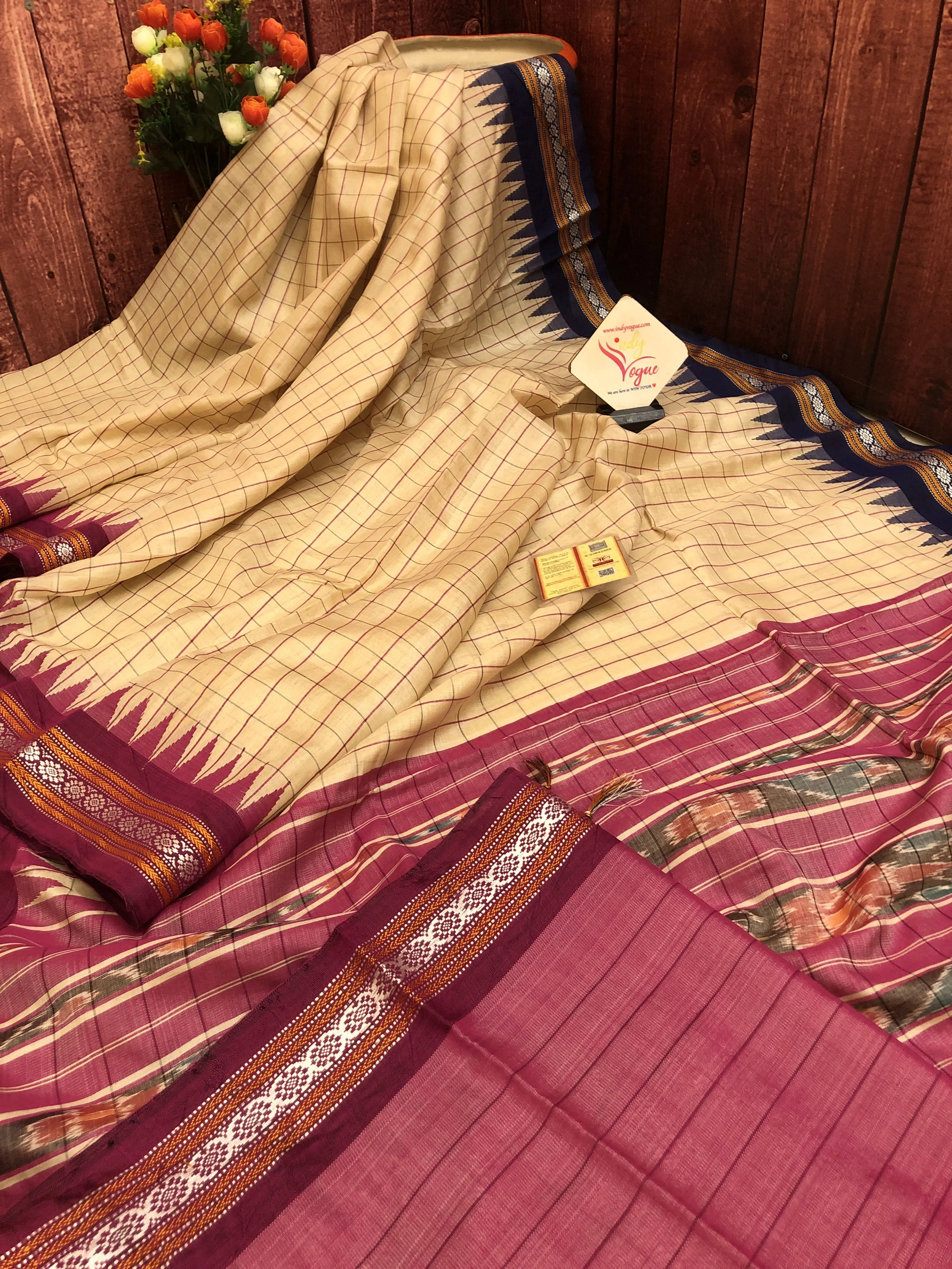 Beige Color Pure Tussar Silk Saree with Vidarbha Ganga Jamuna Border