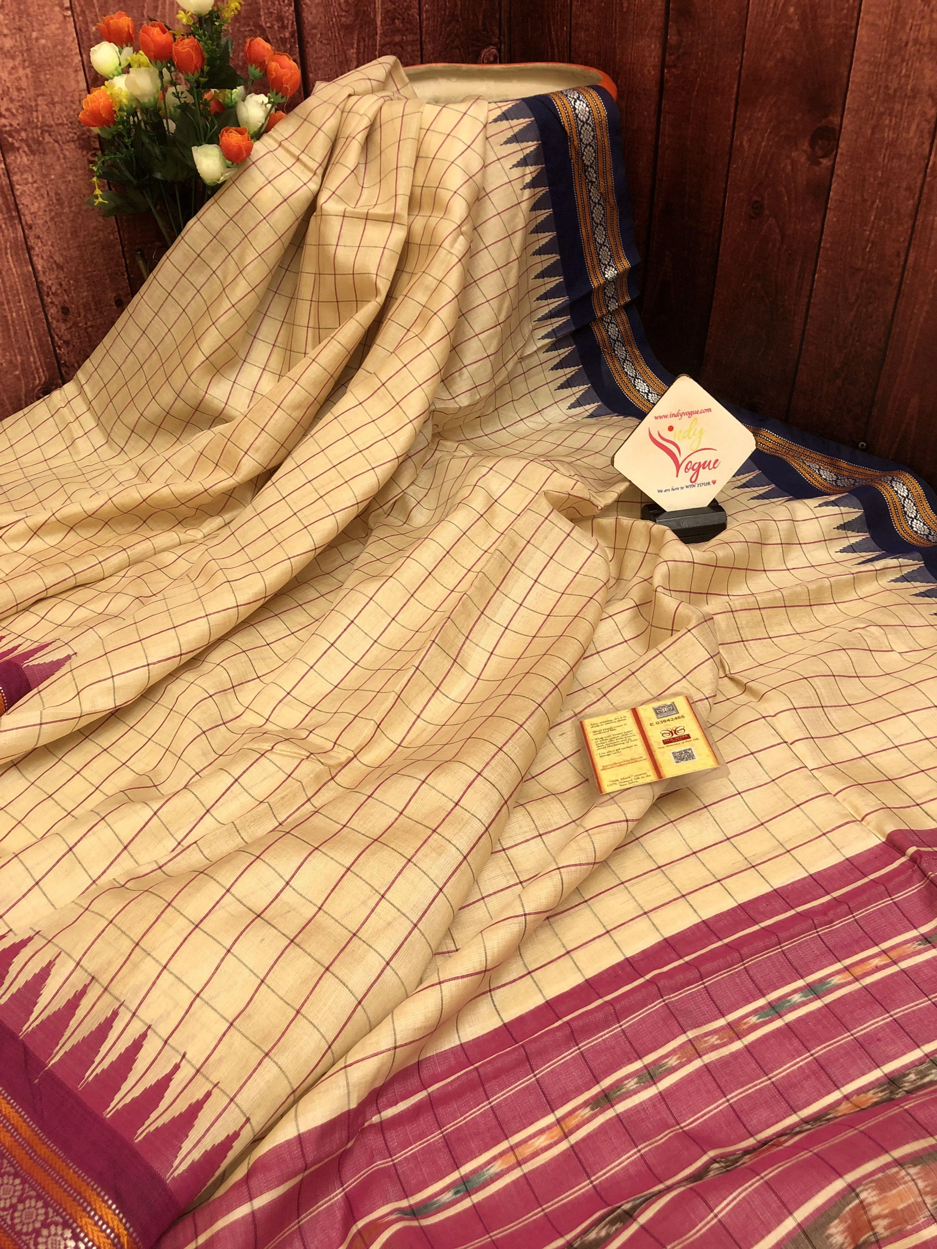 Beige Color Pure Tussar Silk Saree with Vidarbha Ganga Jamuna Border