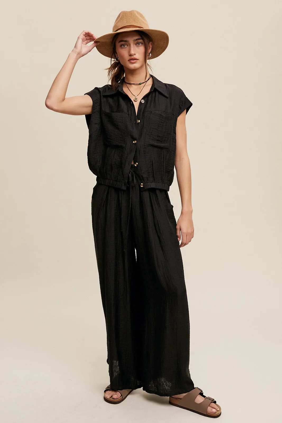 Bella Button Down Pleated Set in Black