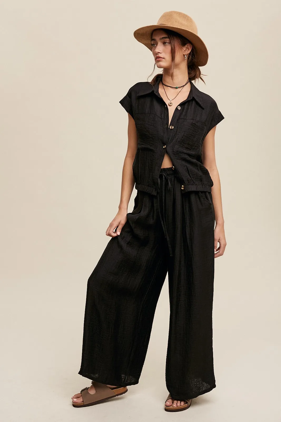 Bella Button Down Pleated Set in Black