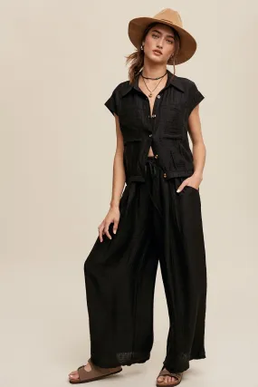 Bella Button Down Pleated Set in Black