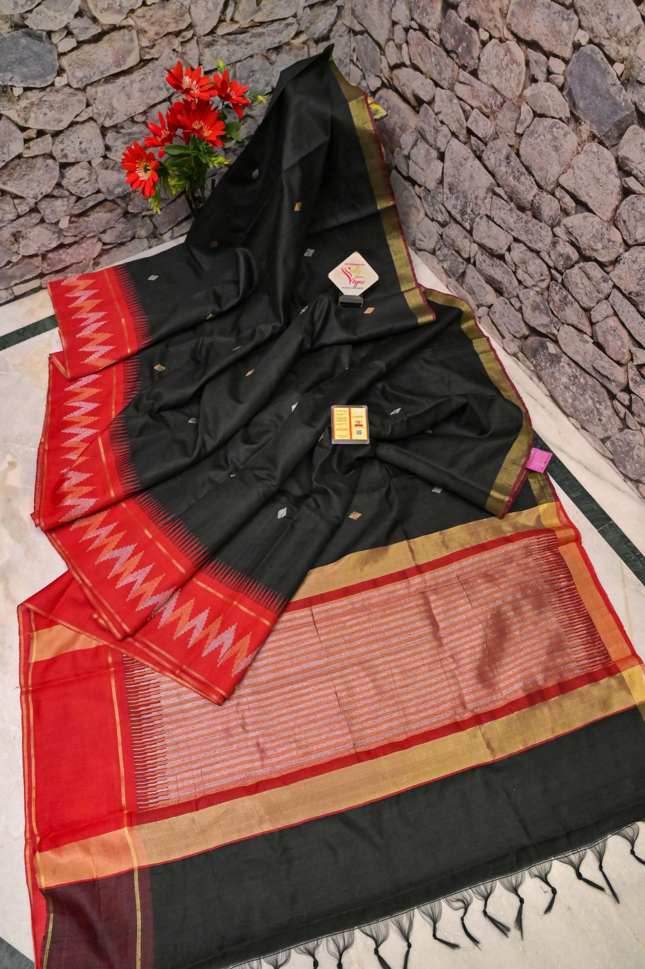 Black and Red Color Pure Raw Silk Saree with Butta Work