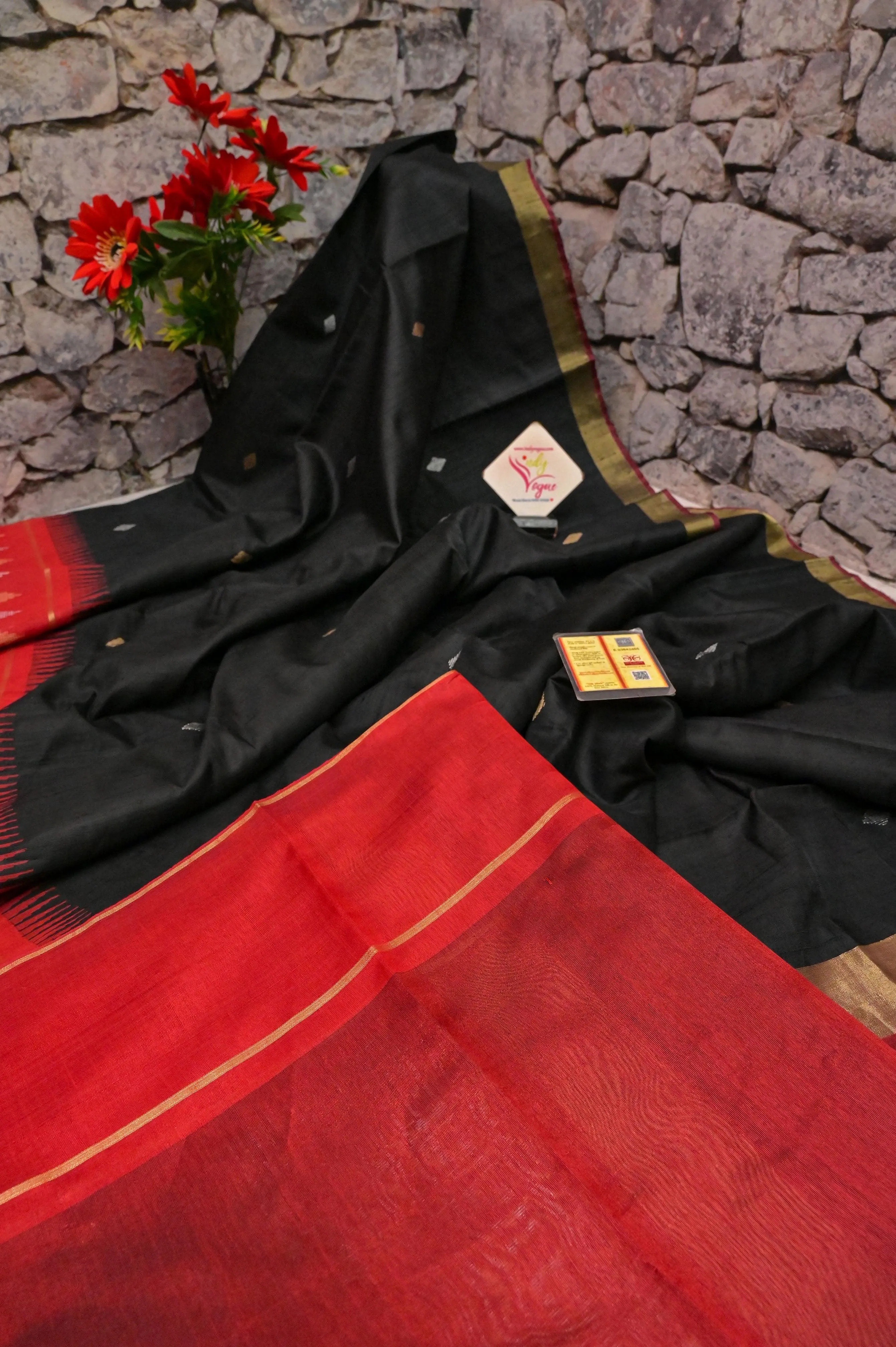 Black and Red Color Pure Raw Silk Saree with Butta Work