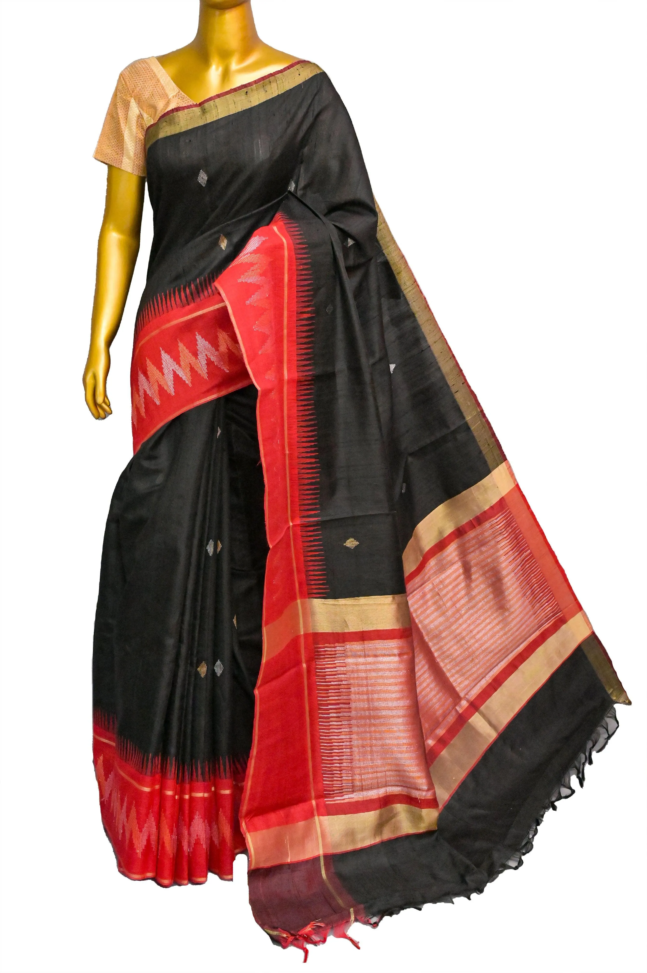 Black and Red Color Pure Raw Silk Saree with Butta Work