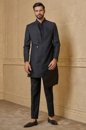 Black Asymmetric Indo With Embroidered Crest