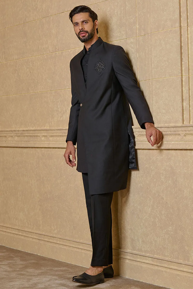 Black Asymmetric Indo With Embroidered Crest