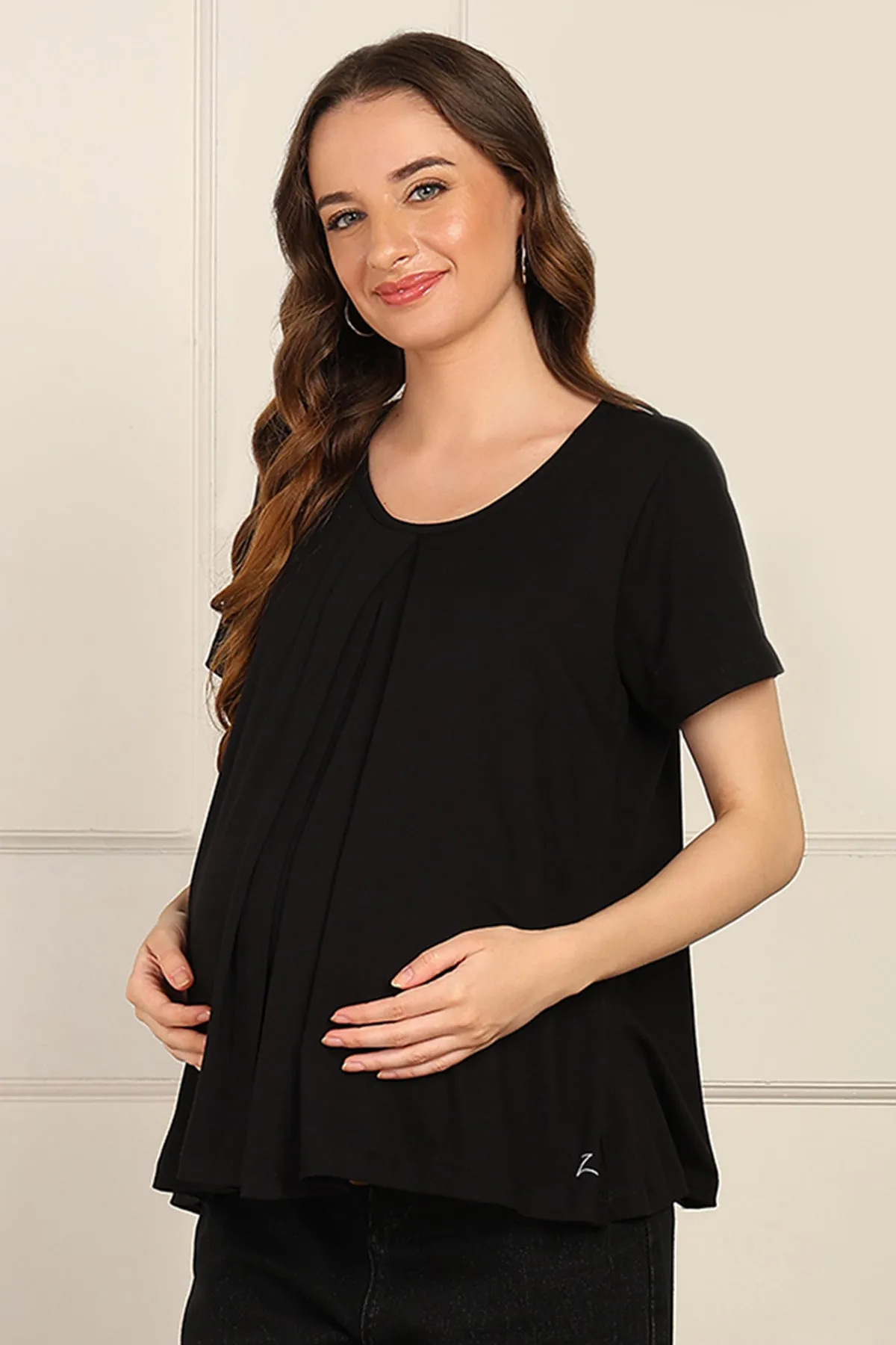 Black Front & Back Pleated Zipless Nursing Top