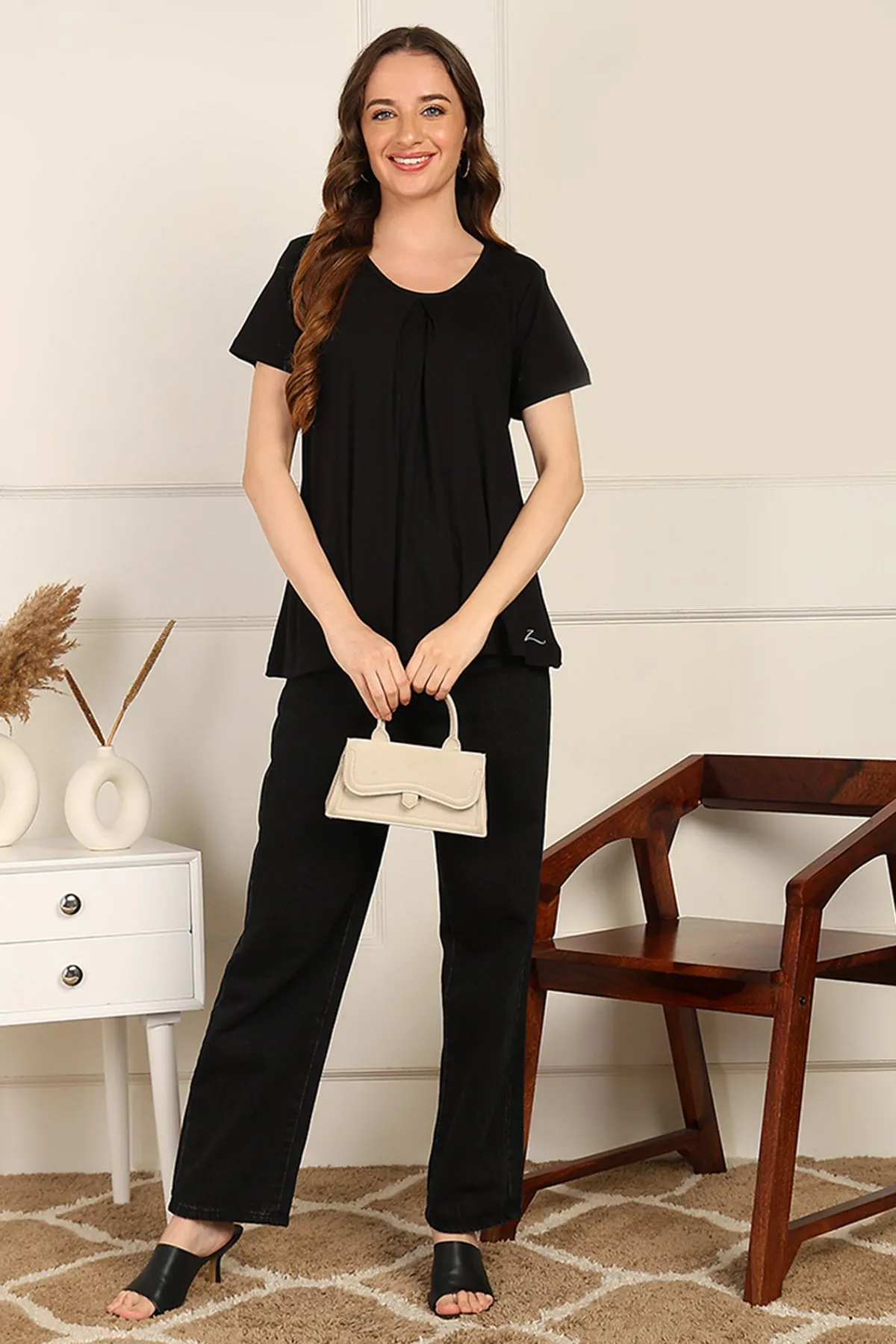 Black Front & Back Pleated Zipless Nursing Top