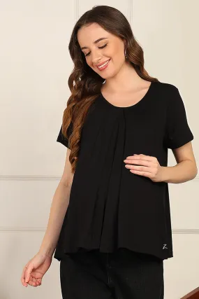 Black Front & Back Pleated Zipless Nursing Top