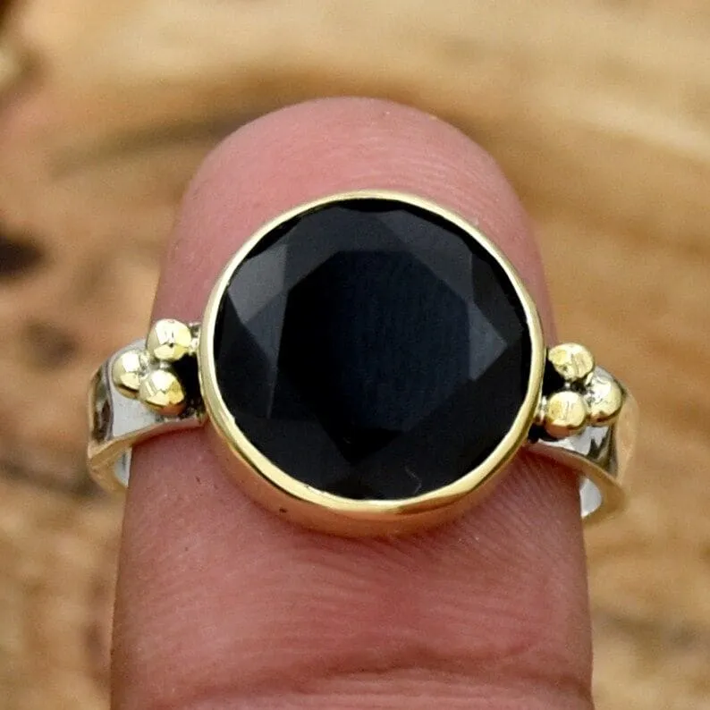 Black Onyx Ring, 925 Sterling Silver Ring, Natural Black Onyx Ring, Handmade Silver Ring Round cut ring Handmade Jewelry