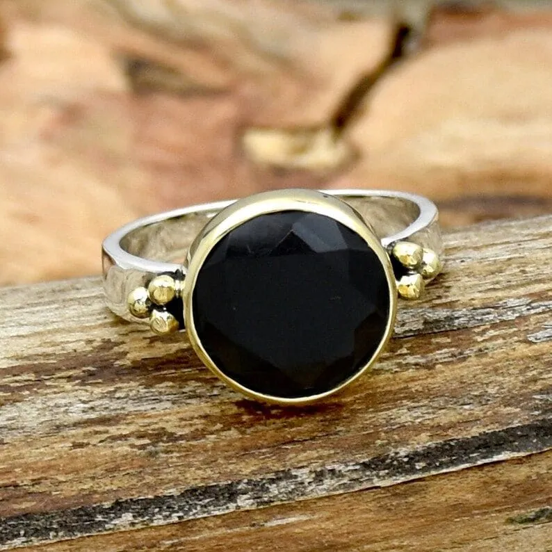 Black Onyx Ring, 925 Sterling Silver Ring, Natural Black Onyx Ring, Handmade Silver Ring Round cut ring Handmade Jewelry