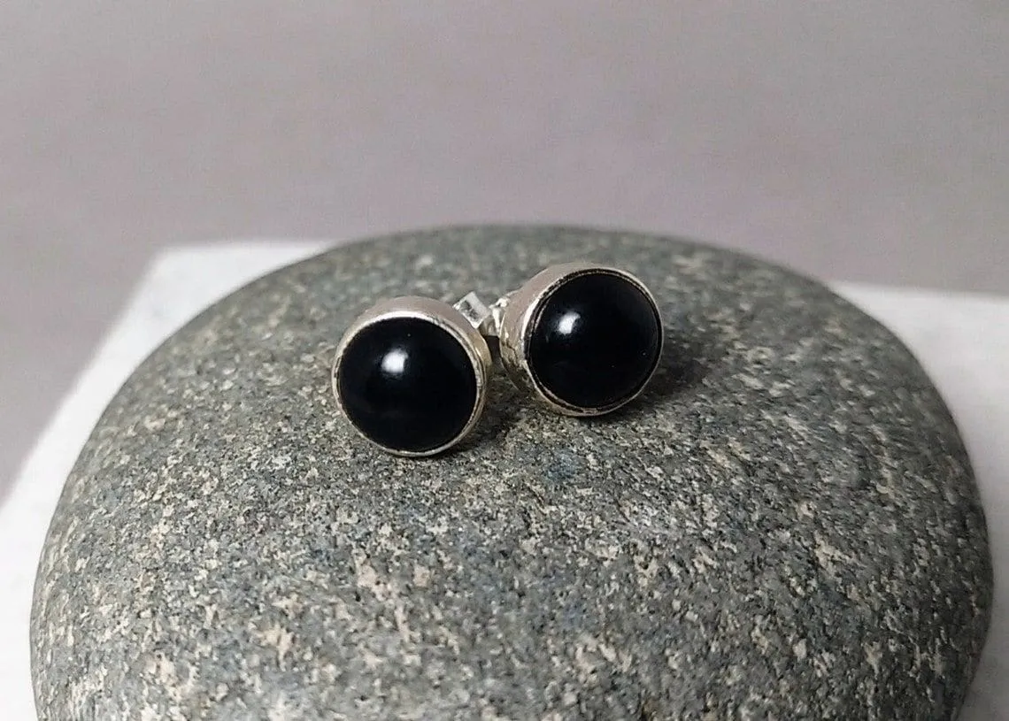 Black Onyx Silver Studs, 925 Sterling Silver Jewelry, Stud Earrings, Black Earrings, Black Stone Earrings, Round Studs,