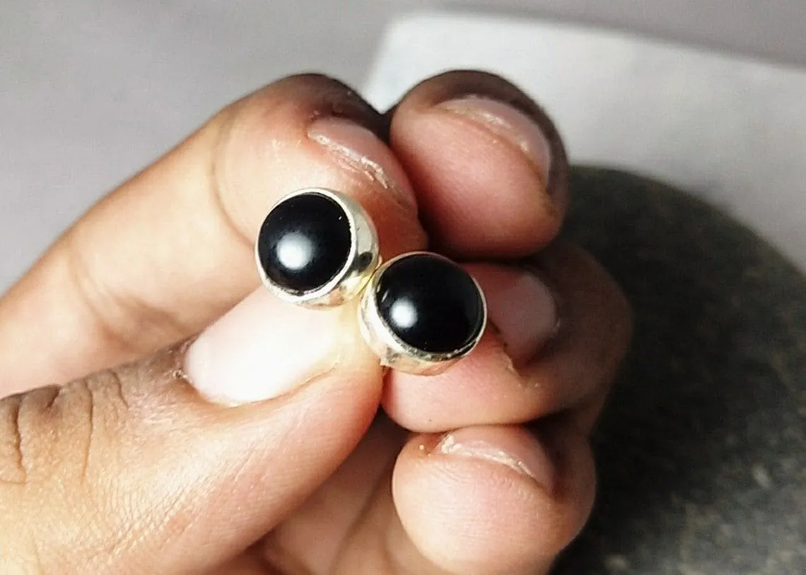 Black Onyx Silver Studs, 925 Sterling Silver Jewelry, Stud Earrings, Black Earrings, Black Stone Earrings, Round Studs,