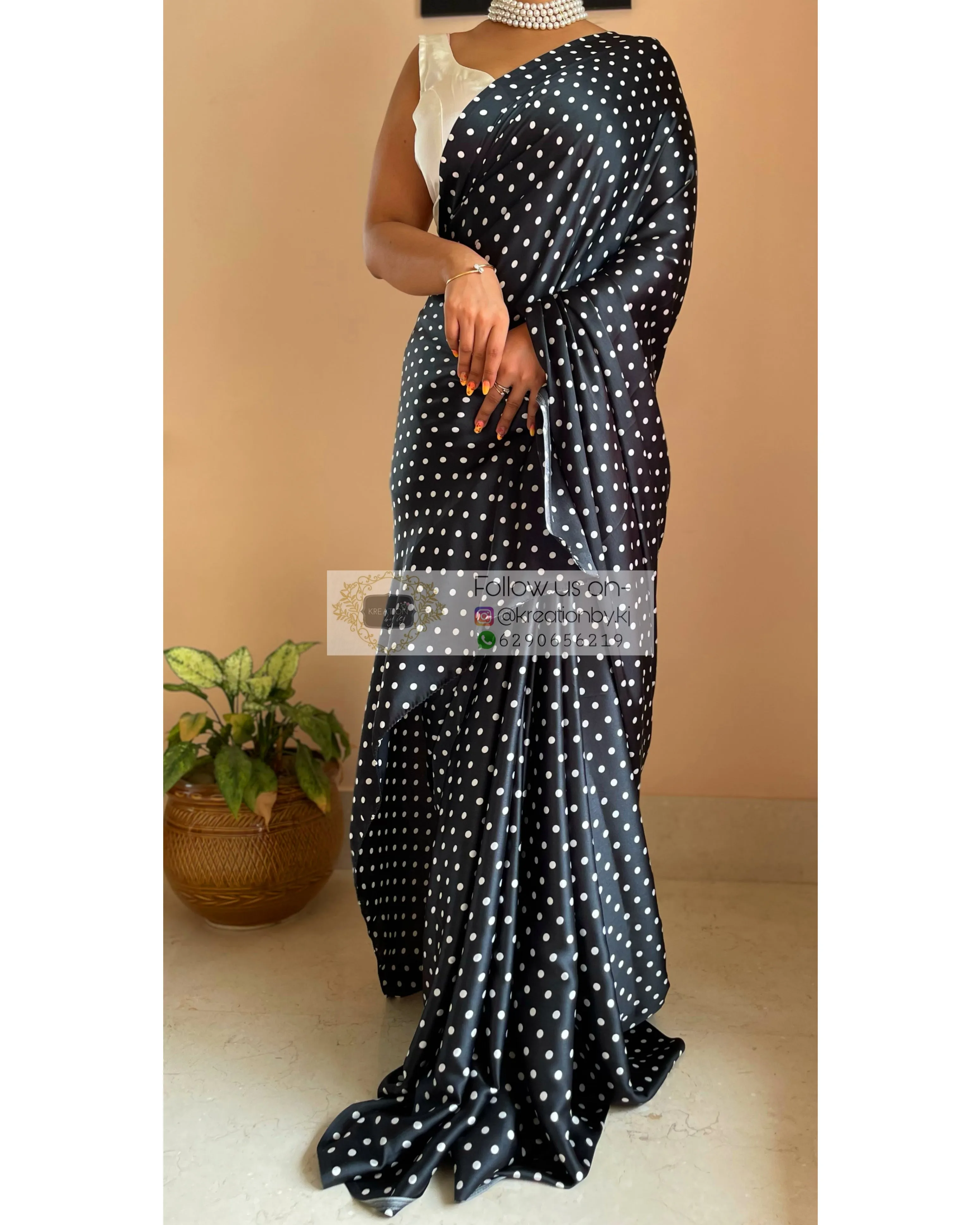 Black Polka Dot Satin Silk Saree