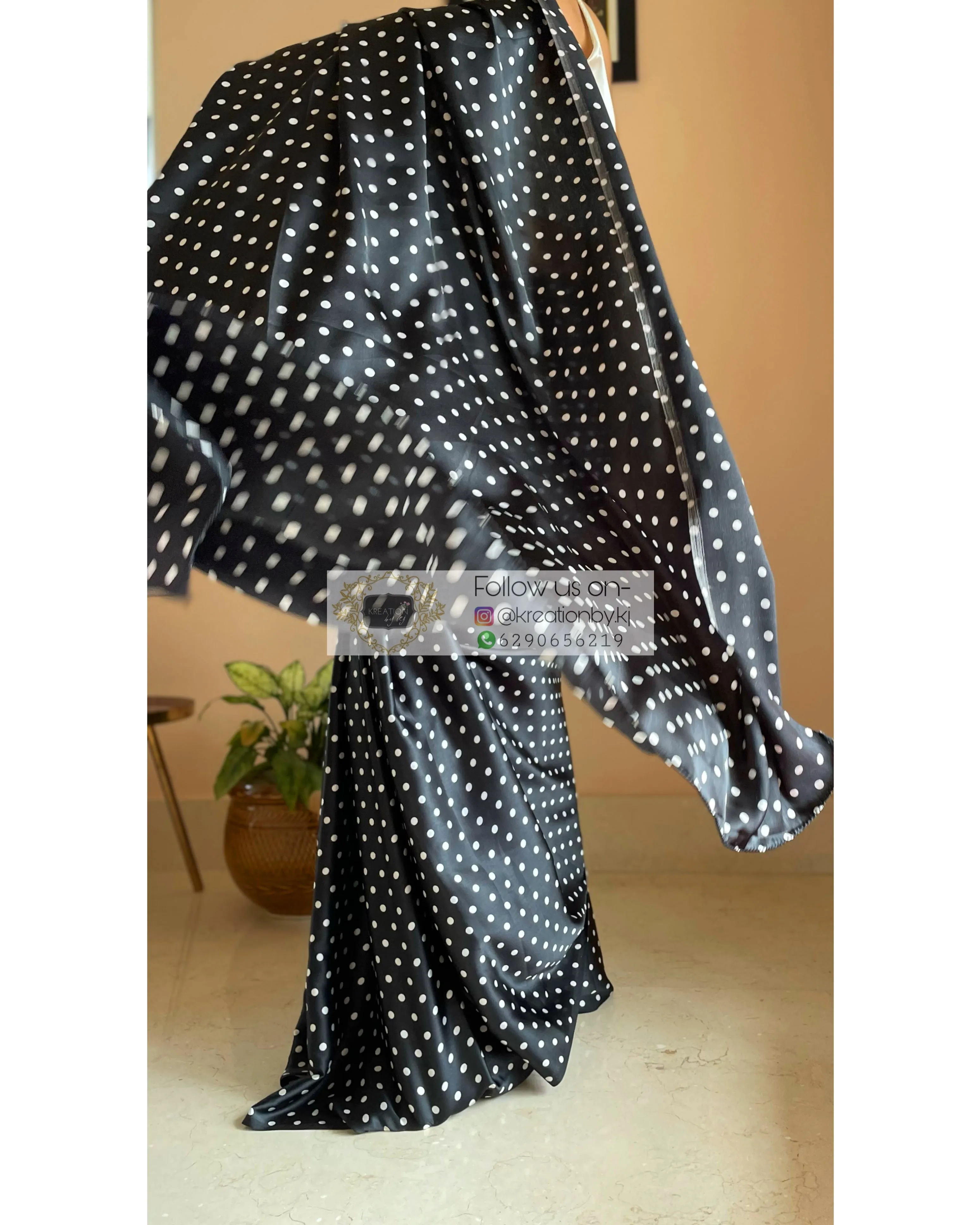 Black Polka Dot Satin Silk Saree