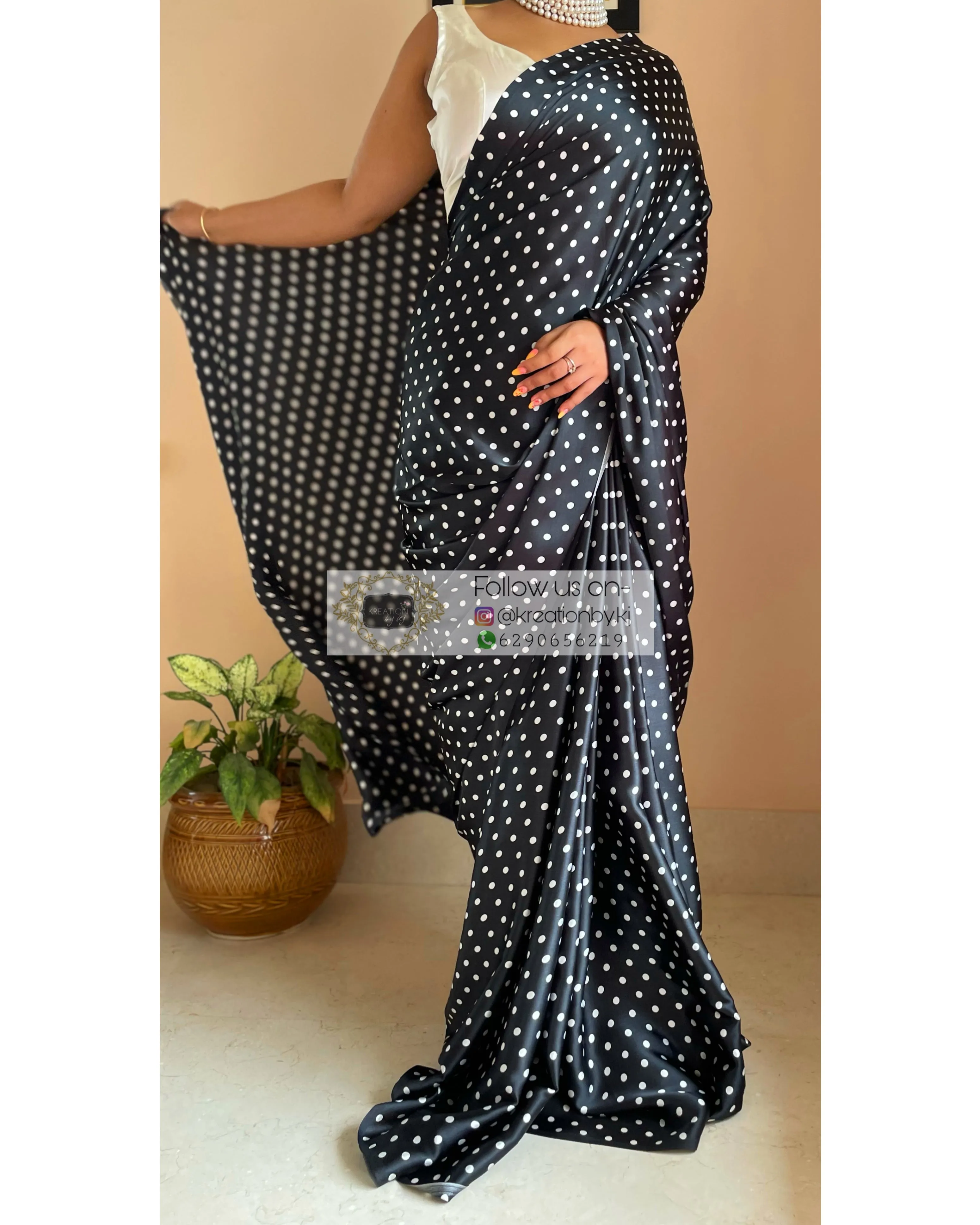 Black Polka Dot Satin Silk Saree