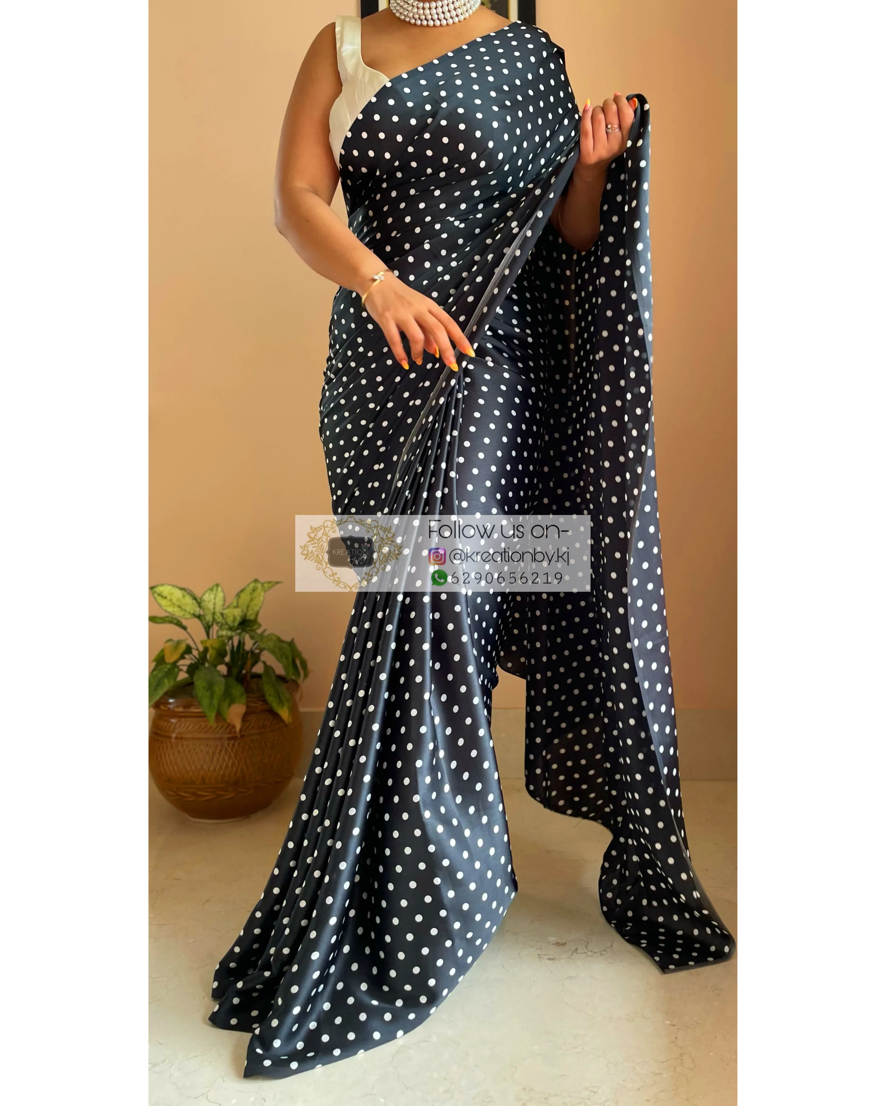 Black Polka Dot Satin Silk Saree