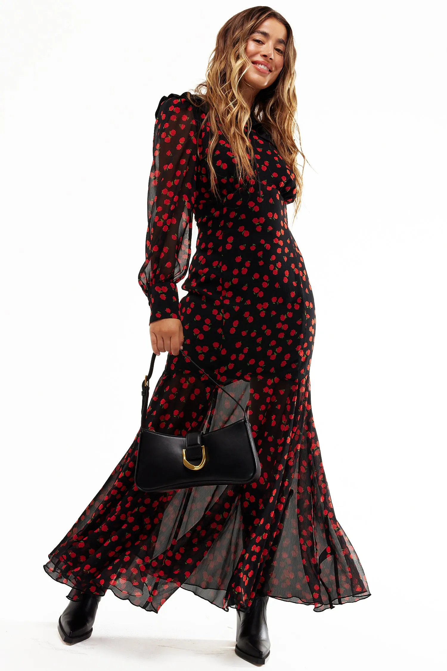 Black Rena Rose Midi Dress