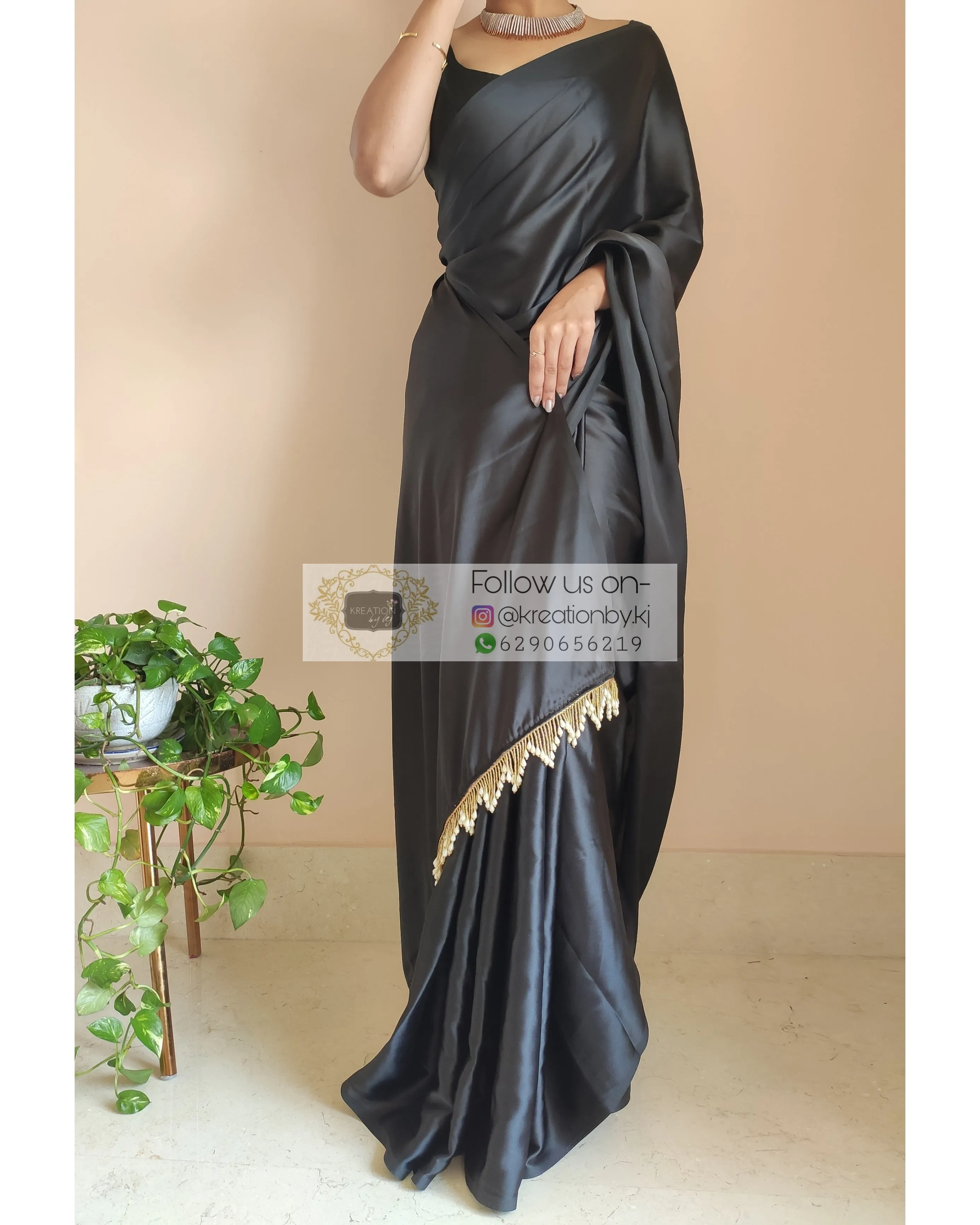 Black Satin Silk Saree With Handmade Tassels On Pallu