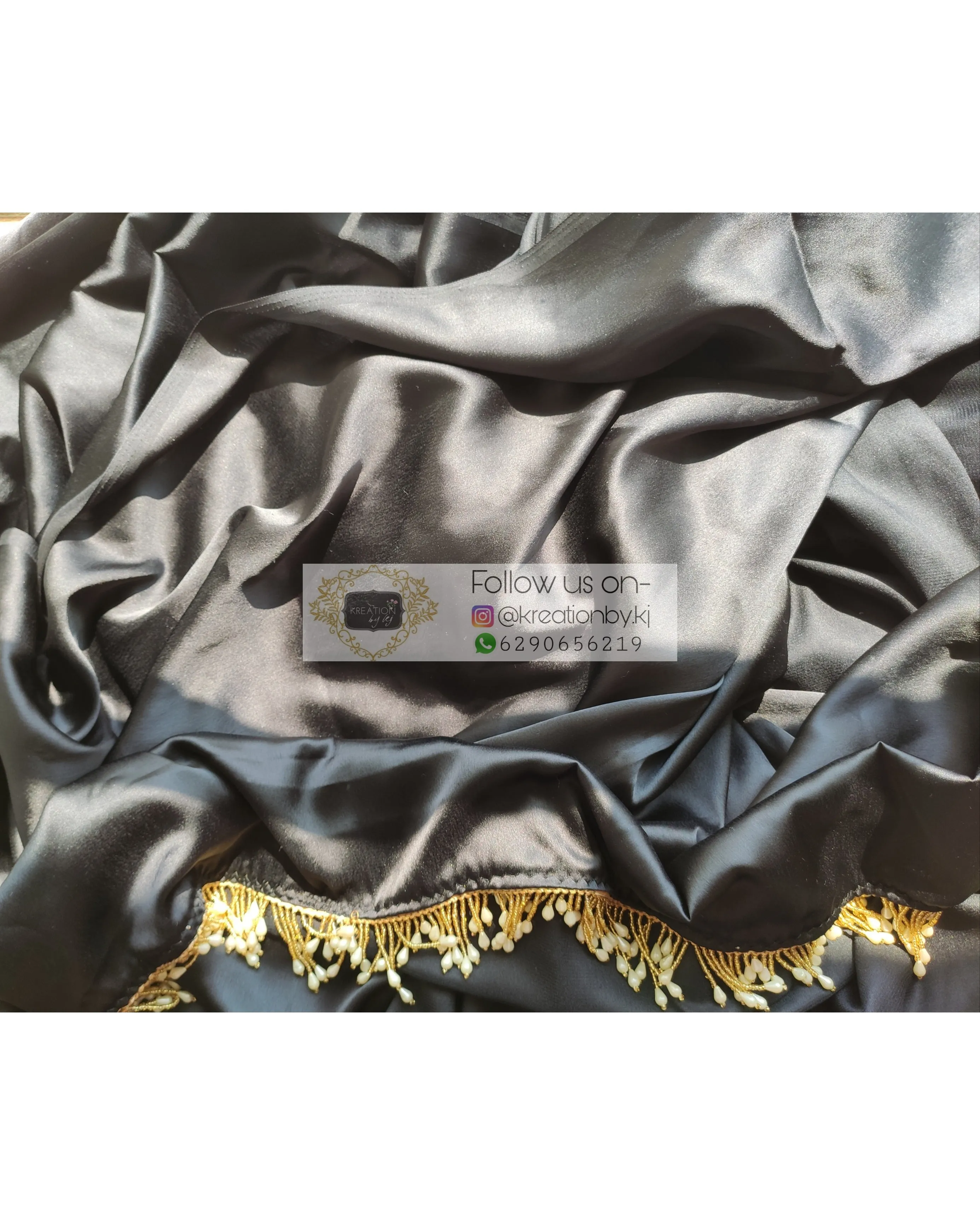 Black Satin Silk Saree With Handmade Tassels On Pallu