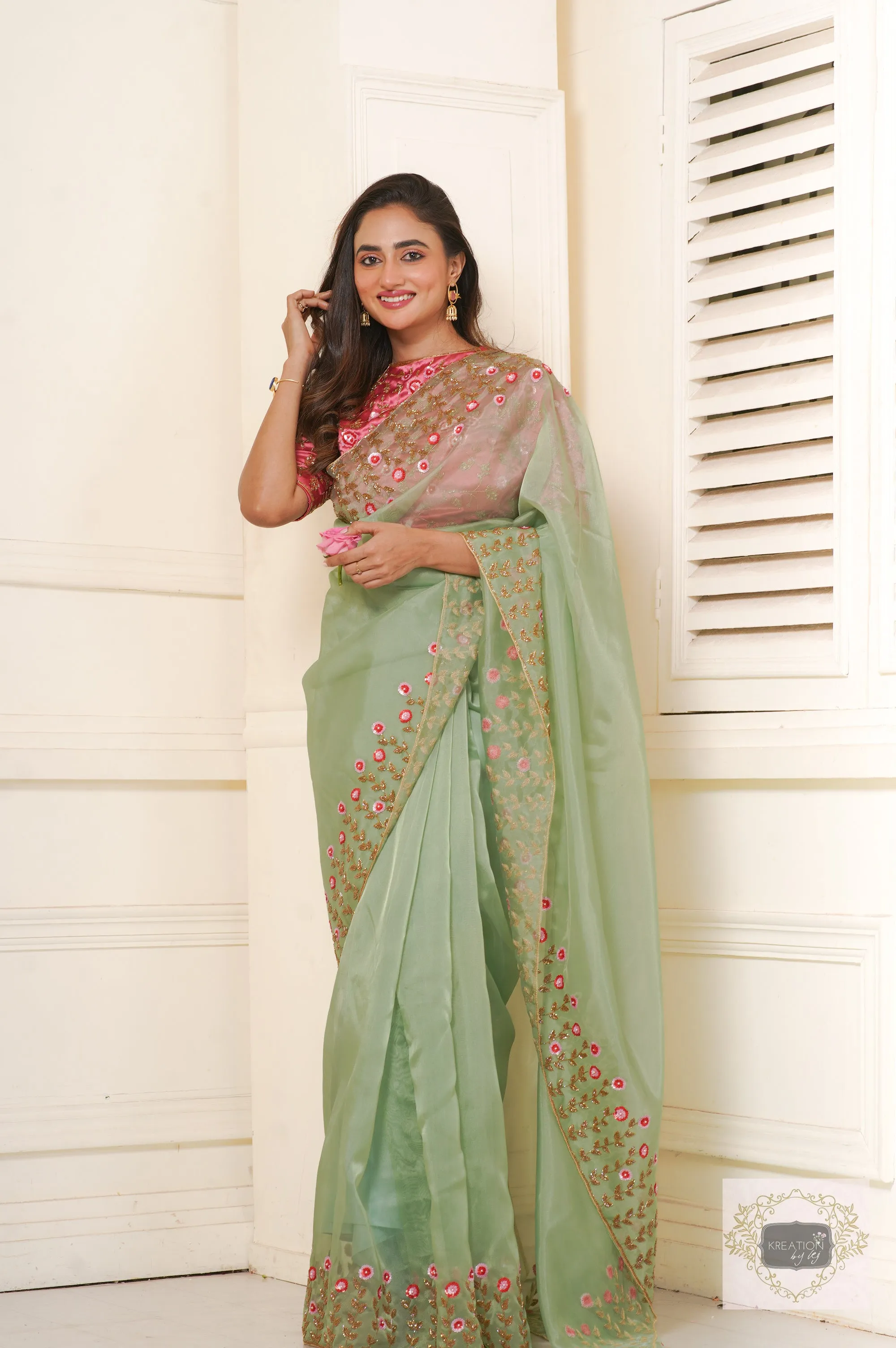 Blooming Daisies Mint Organza Saree