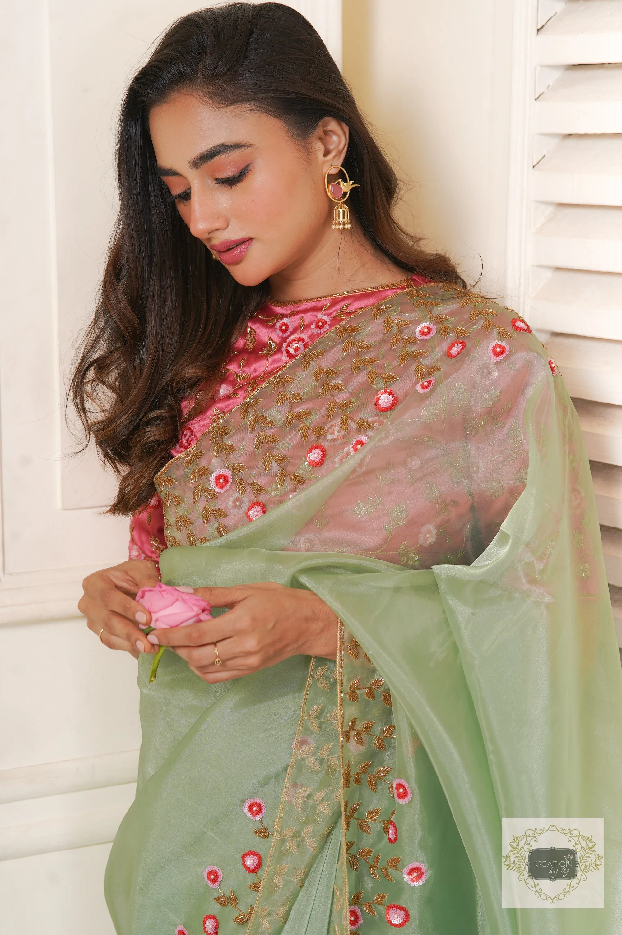 Blooming Daisies Mint Organza Saree