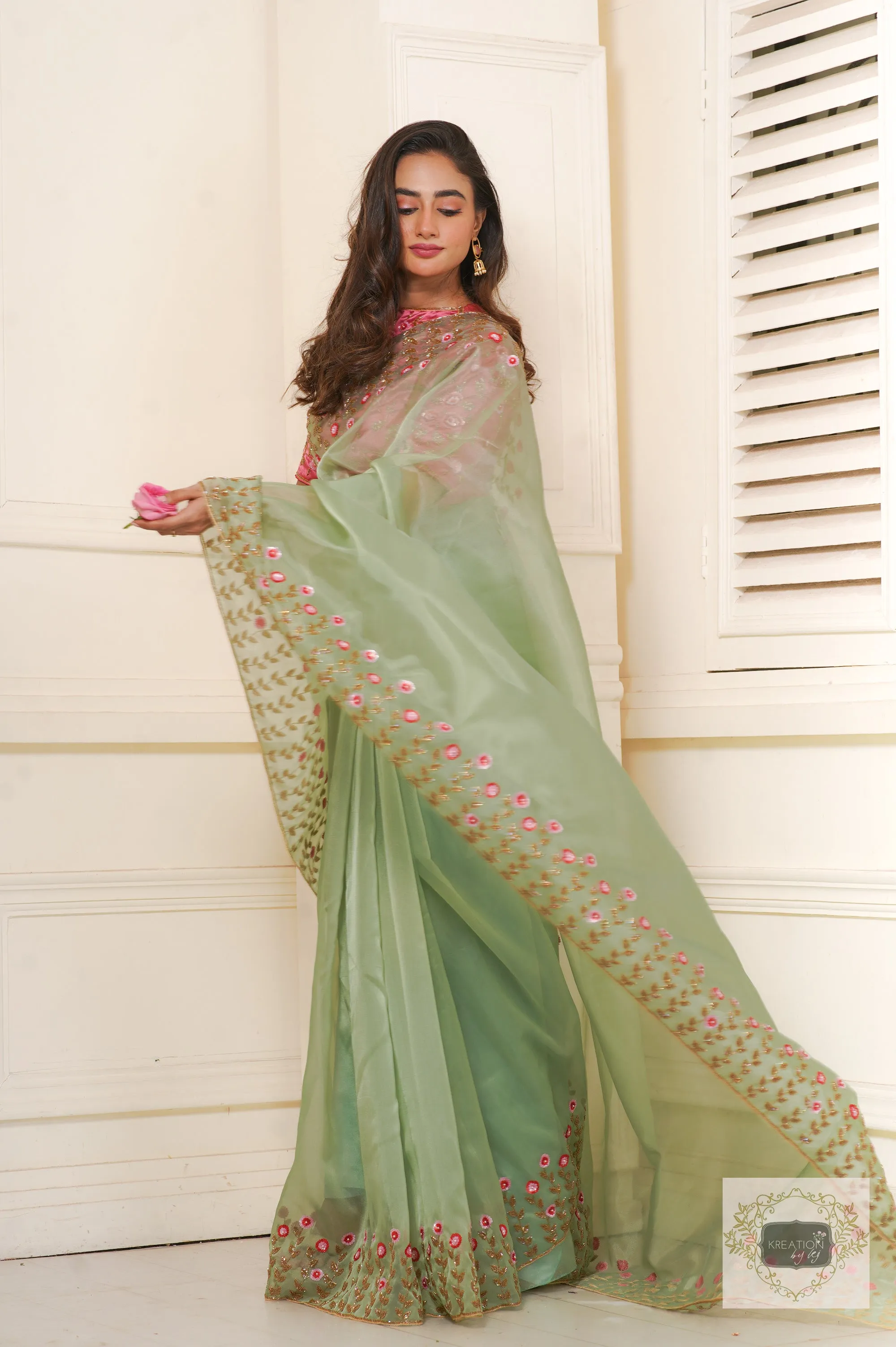 Blooming Daisies Mint Organza Saree