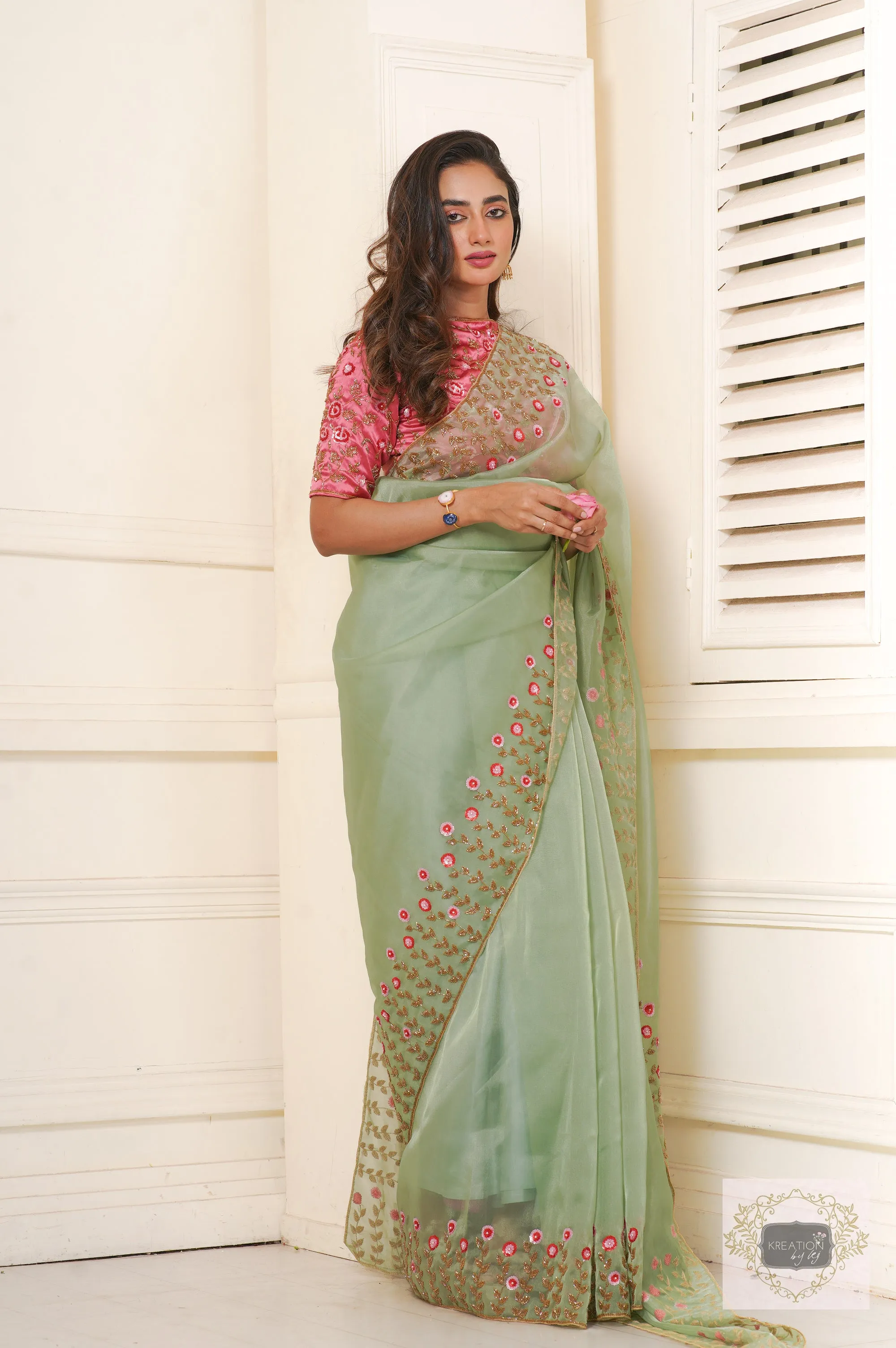 Blooming Daisies Mint Organza Saree