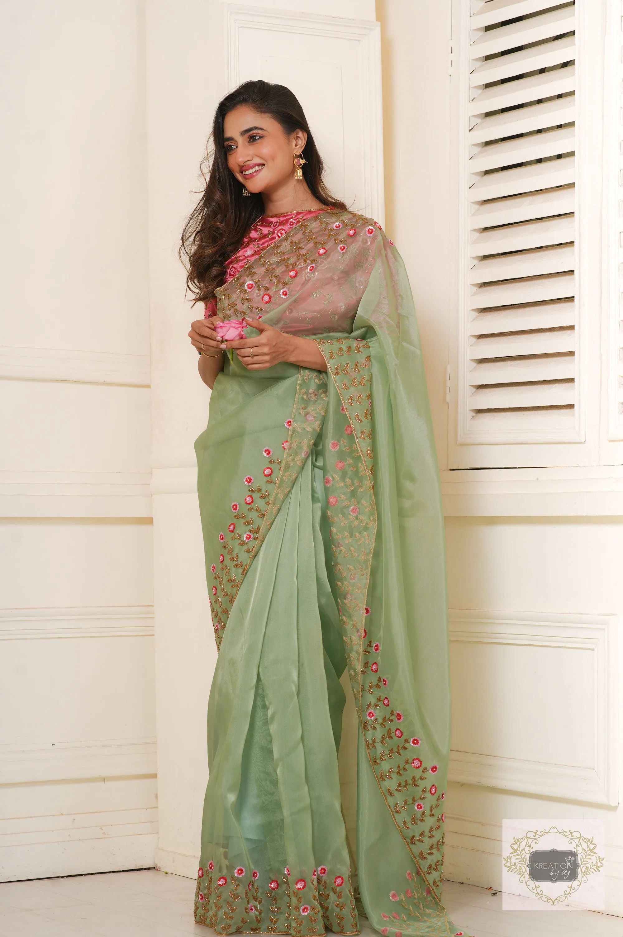 Blooming Daisies Mint Organza Saree