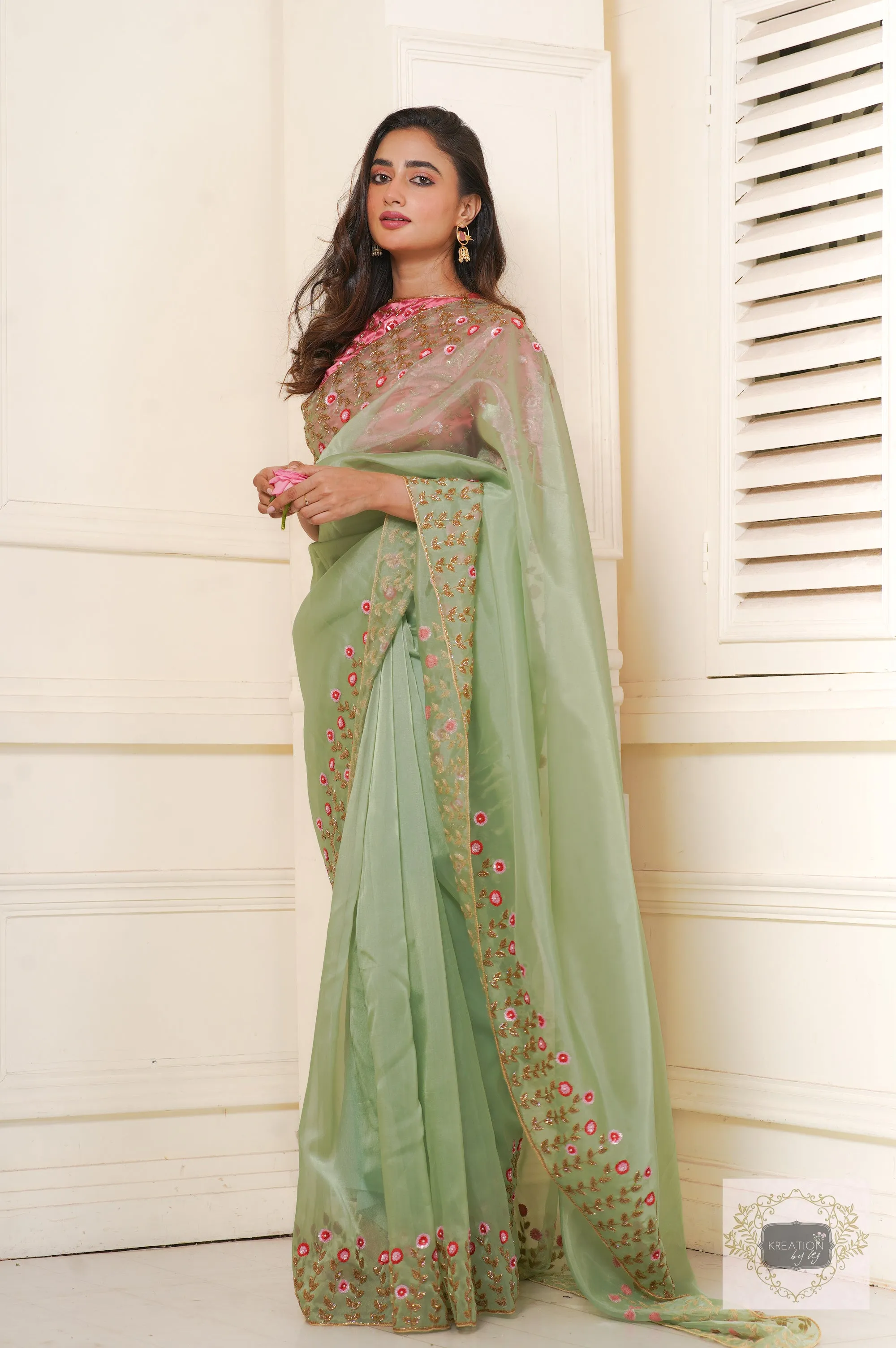 Blooming Daisies Mint Organza Saree