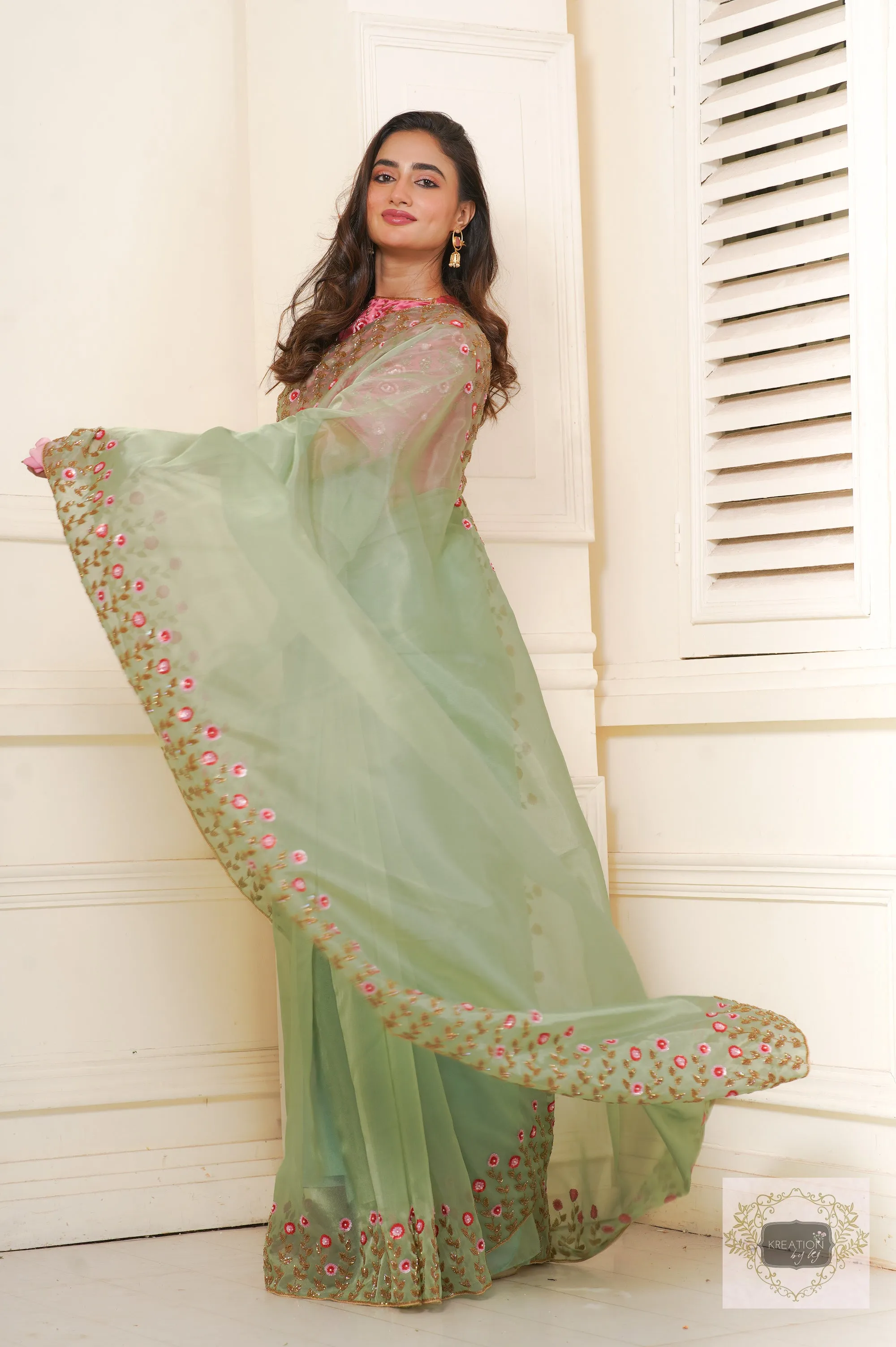 Blooming Daisies Mint Organza Saree