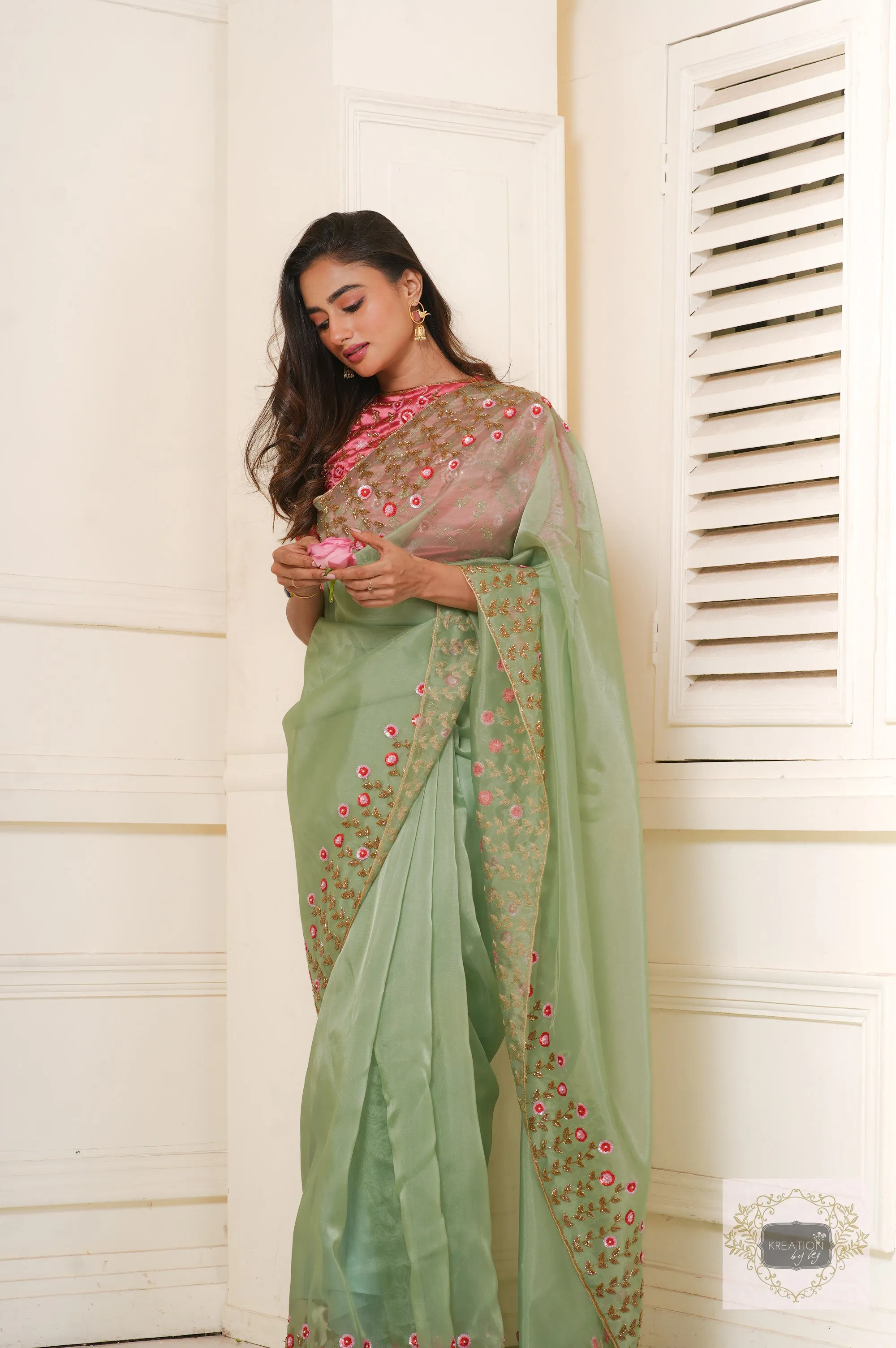 Blooming Daisies Mint Organza Saree