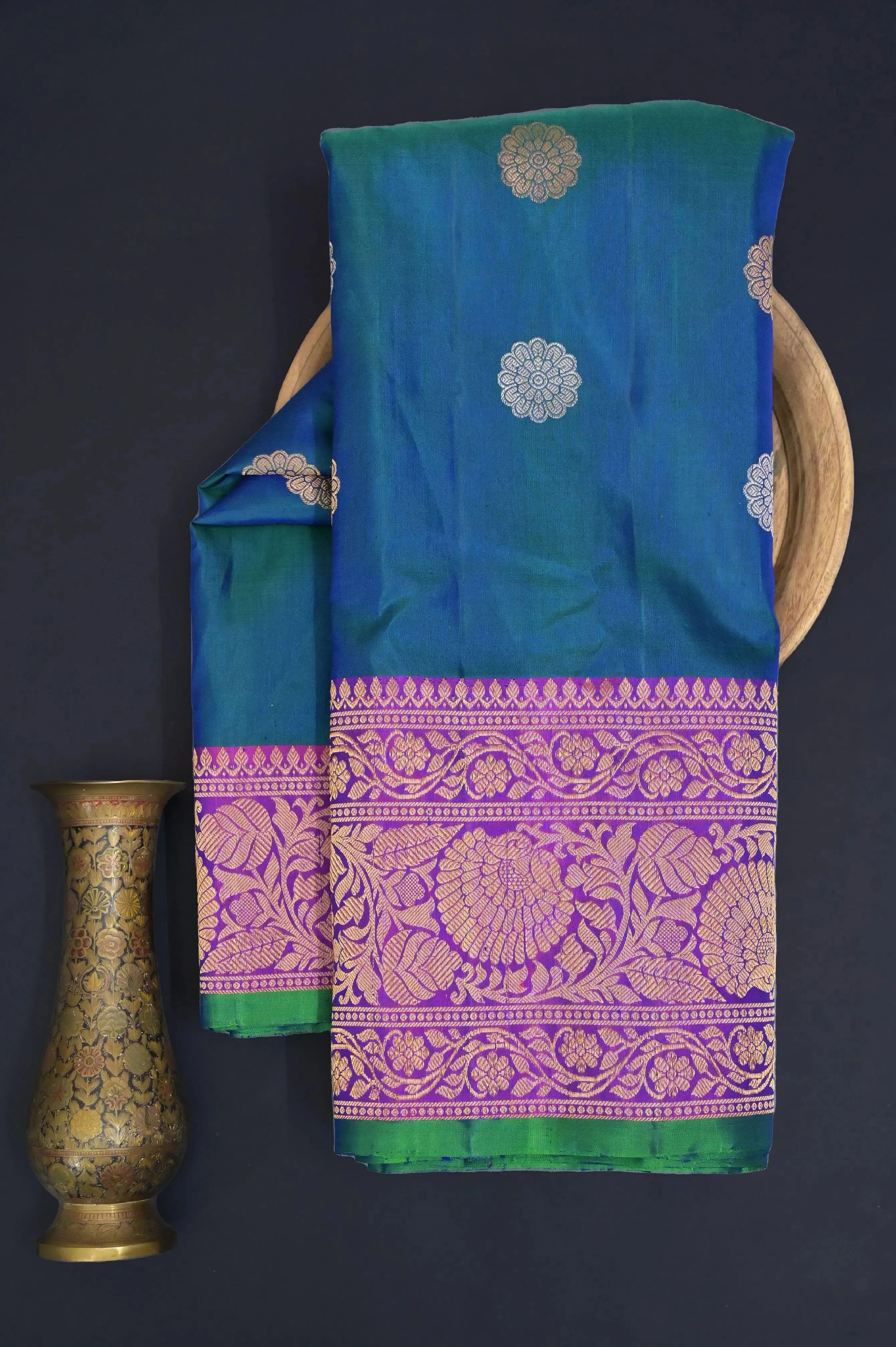 Blue and Green Dual-Tone Gadwal Silk Saree with Golden and Silver Zari Butta with Meenakari