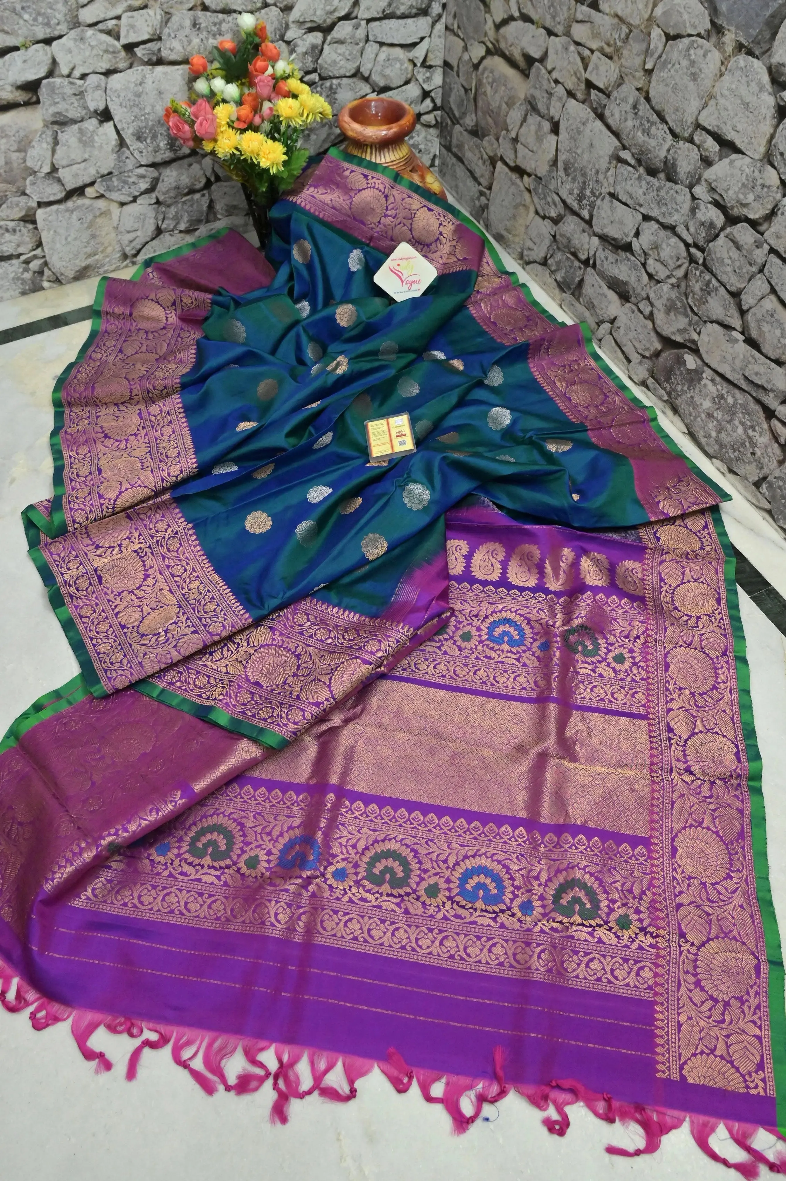 Blue and Green Dual-Tone Gadwal Silk Saree with Golden and Silver Zari Butta with Meenakari