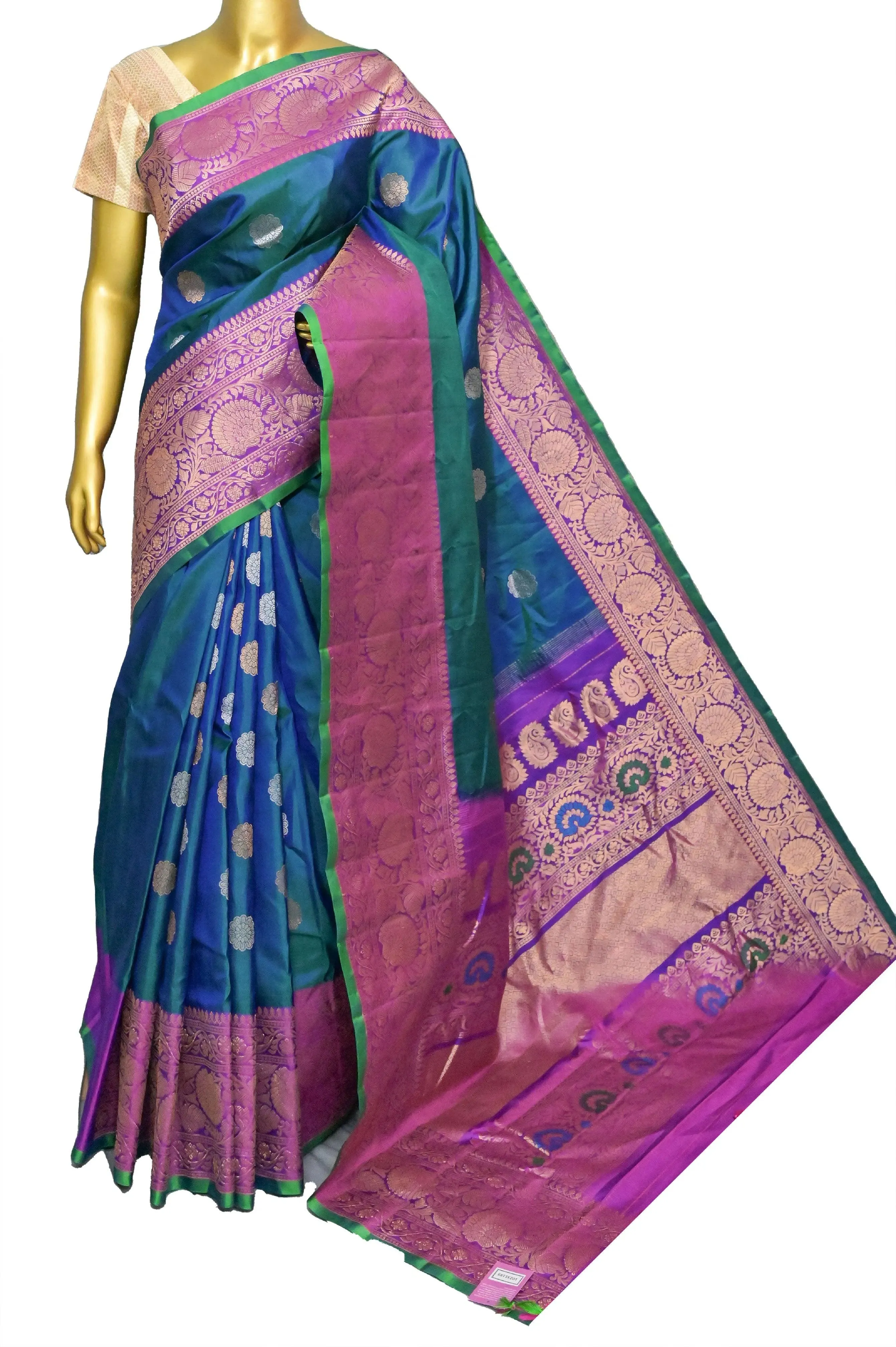 Blue and Green Dual-Tone Gadwal Silk Saree with Golden and Silver Zari Butta with Meenakari