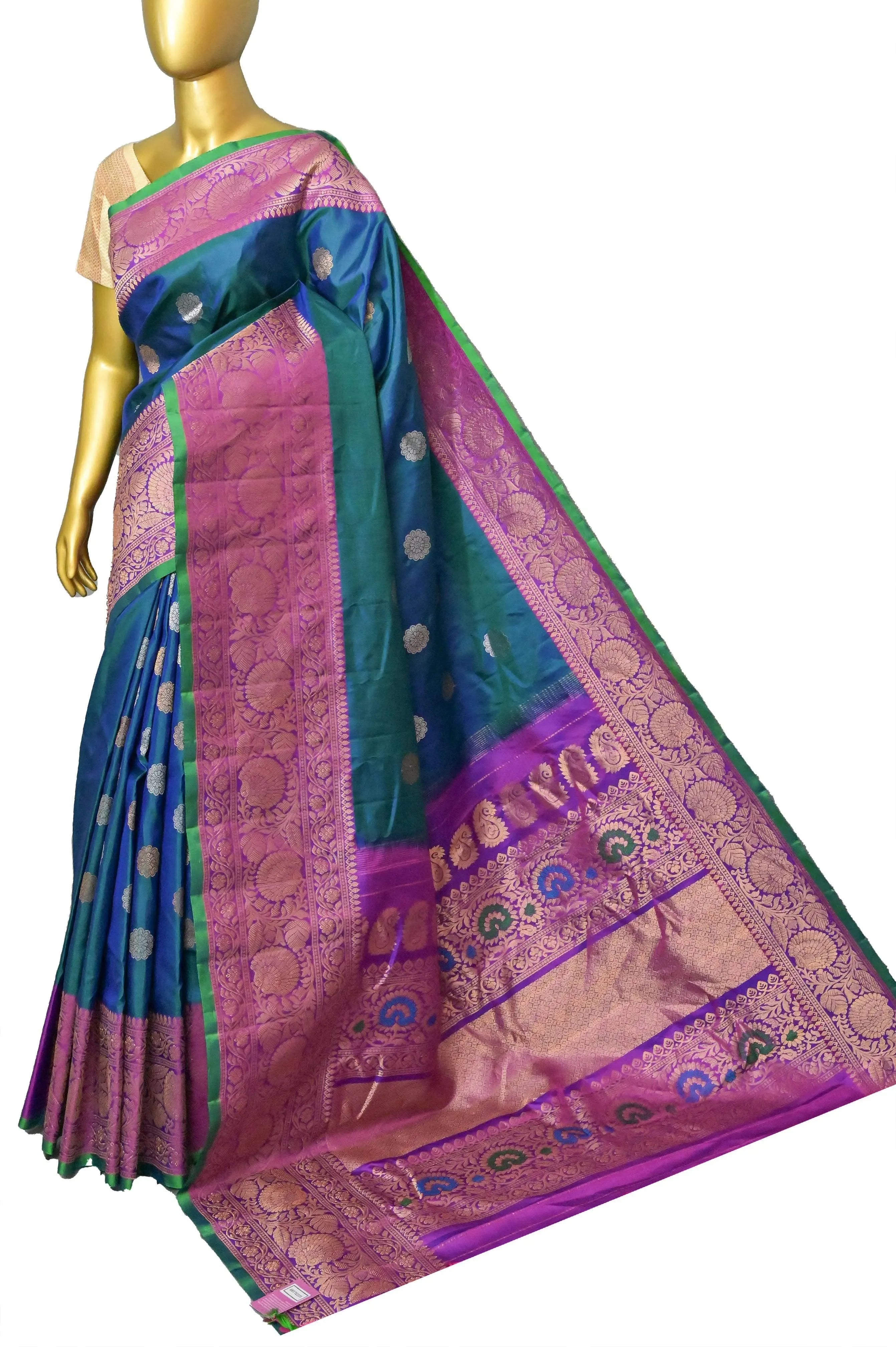 Blue and Green Dual-Tone Gadwal Silk Saree with Golden and Silver Zari Butta with Meenakari