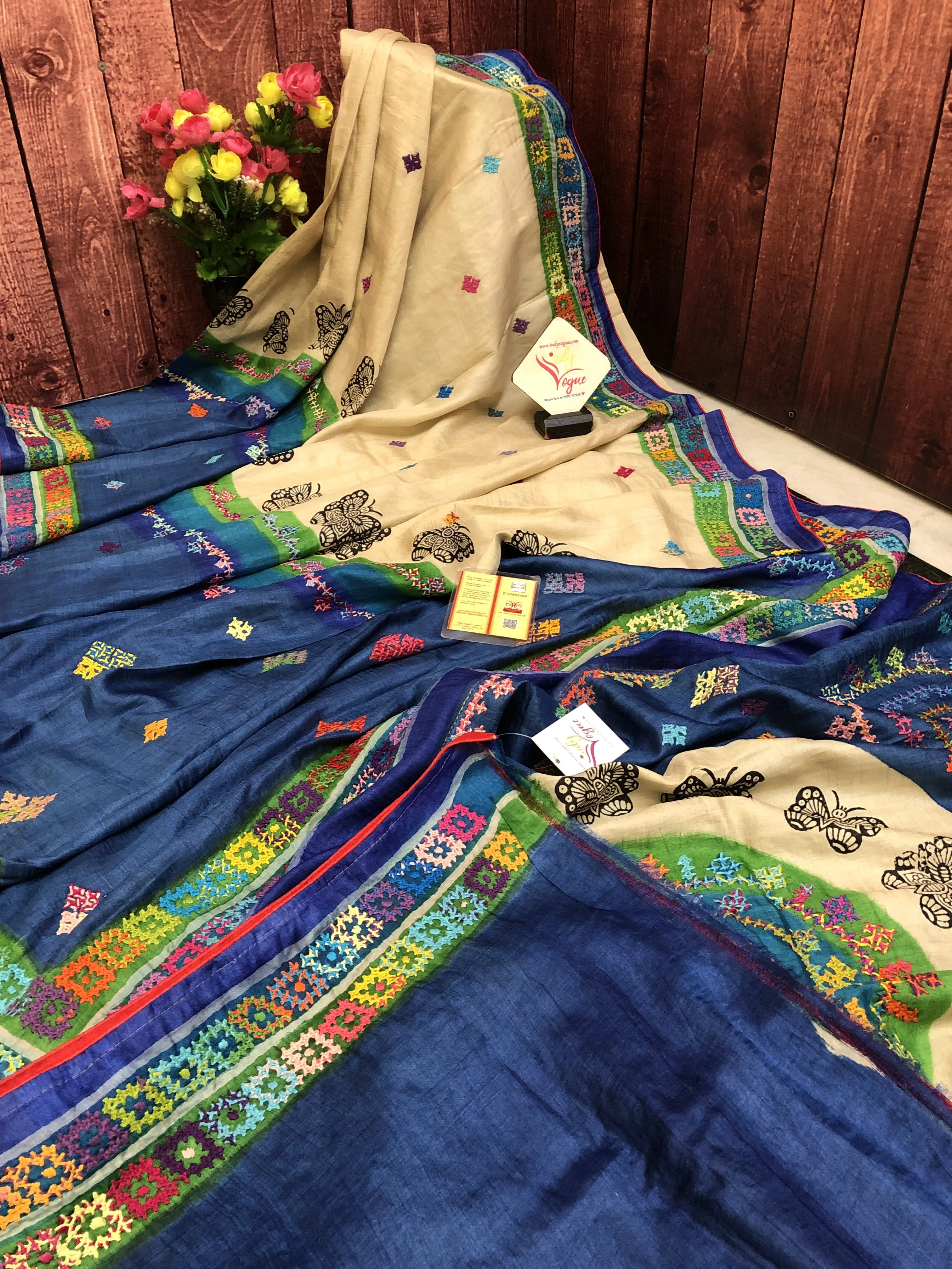 Blue and Sandalwood Color Pure Gachi Tussar Saree with Block Print and Kutchi Work