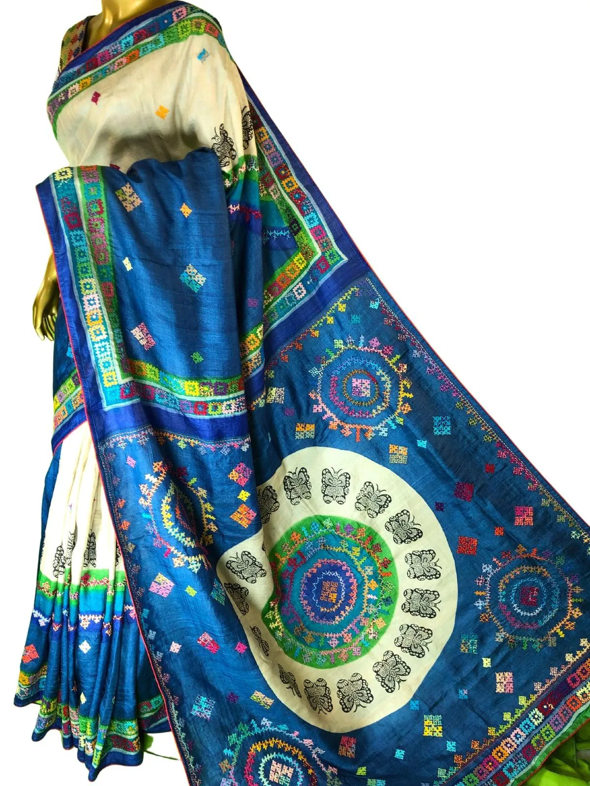 Blue and Sandalwood Color Pure Gachi Tussar Saree with Block Print and Kutchi Work