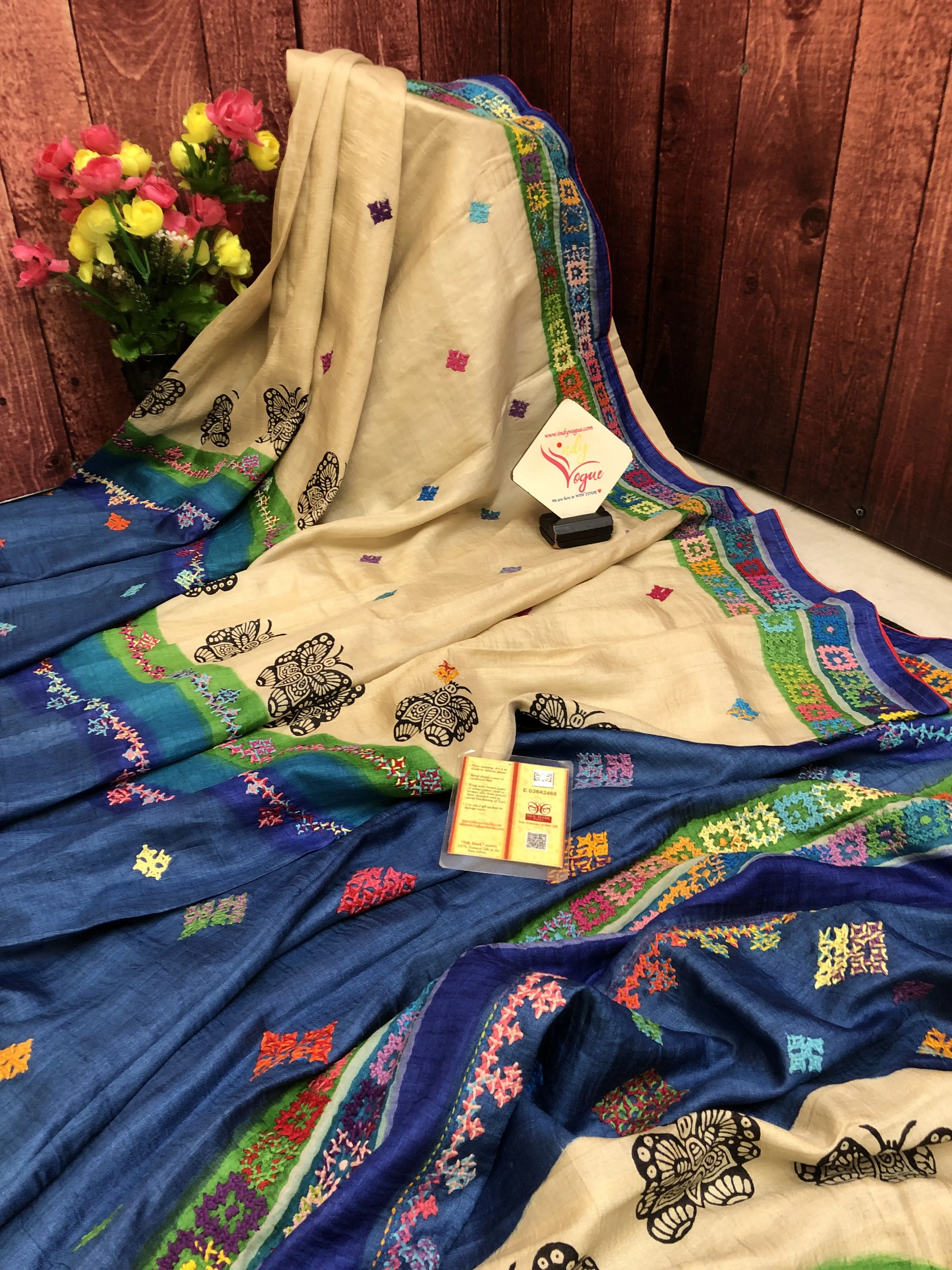 Blue and Sandalwood Color Pure Gachi Tussar Saree with Block Print and Kutchi Work